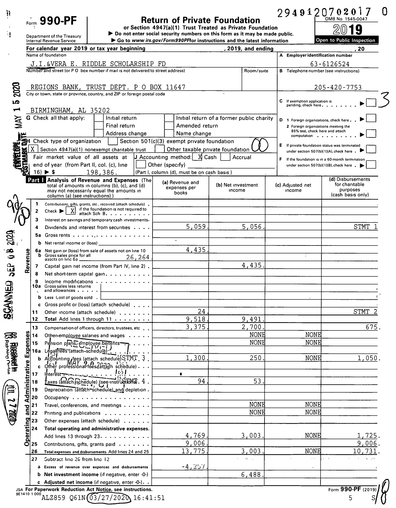 Image of first page of 2019 Form 990PR for Ji&vera E Riddle Scholarship Fund