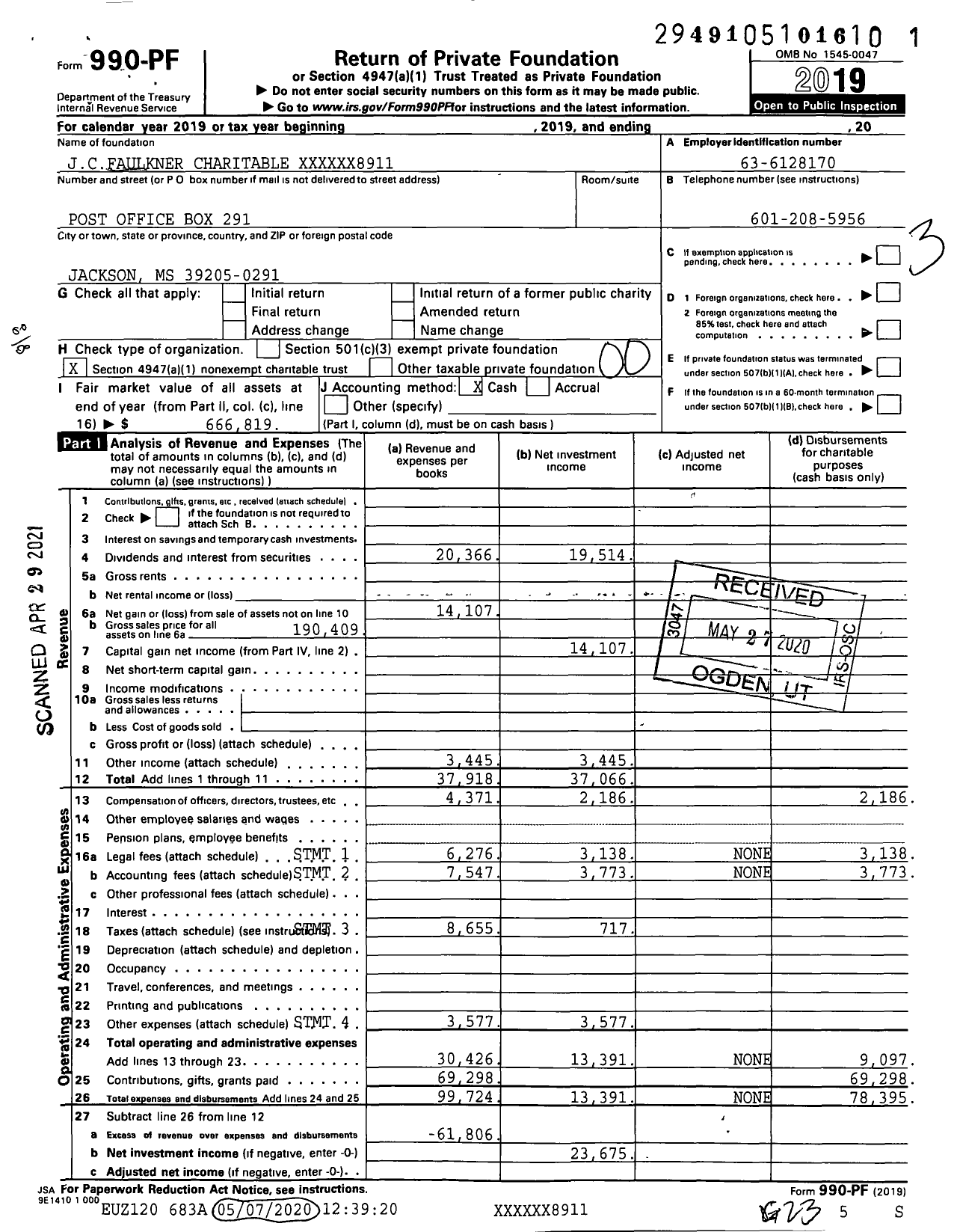 Image of first page of 2019 Form 990PF for J C Faulkner Charitable Trust Trustmark