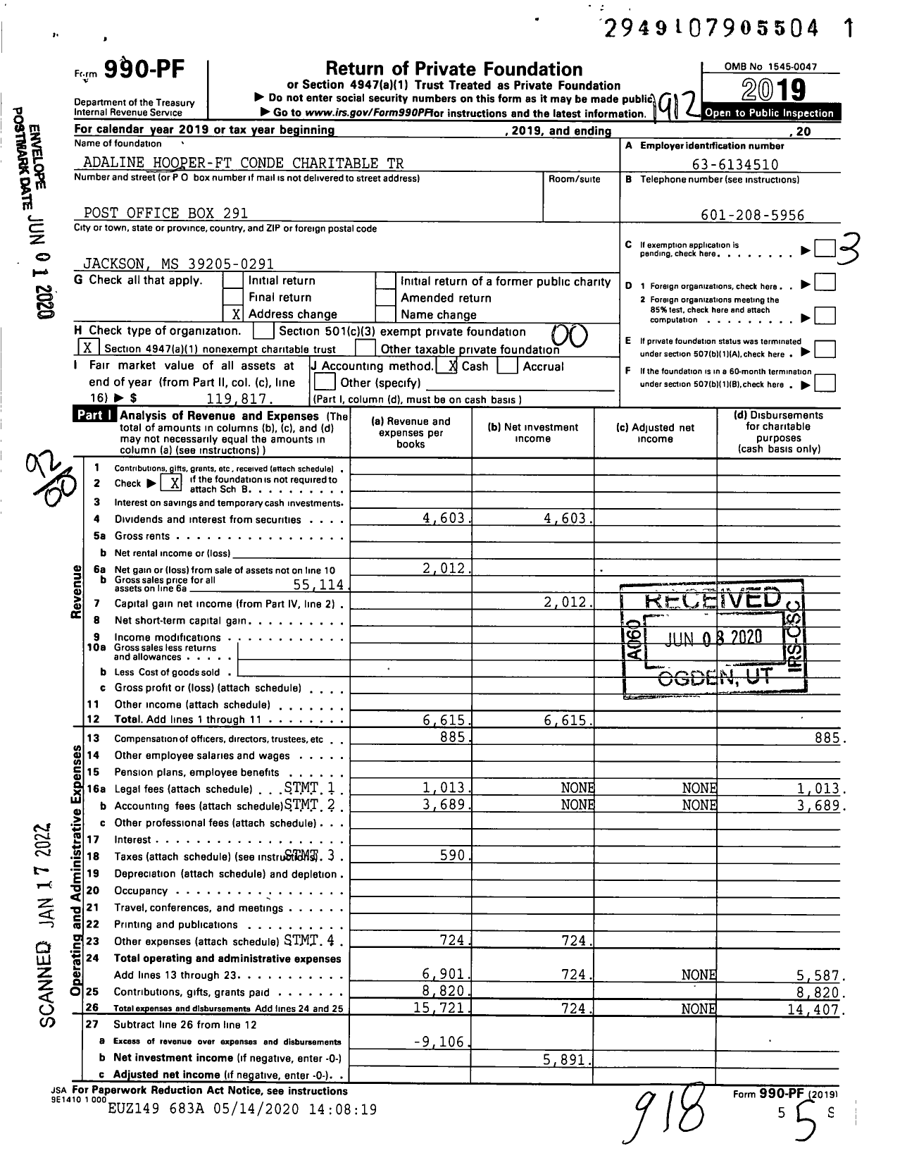 Image of first page of 2019 Form 990PF for Adaline Hooper-Ft Conde Charitable Trust