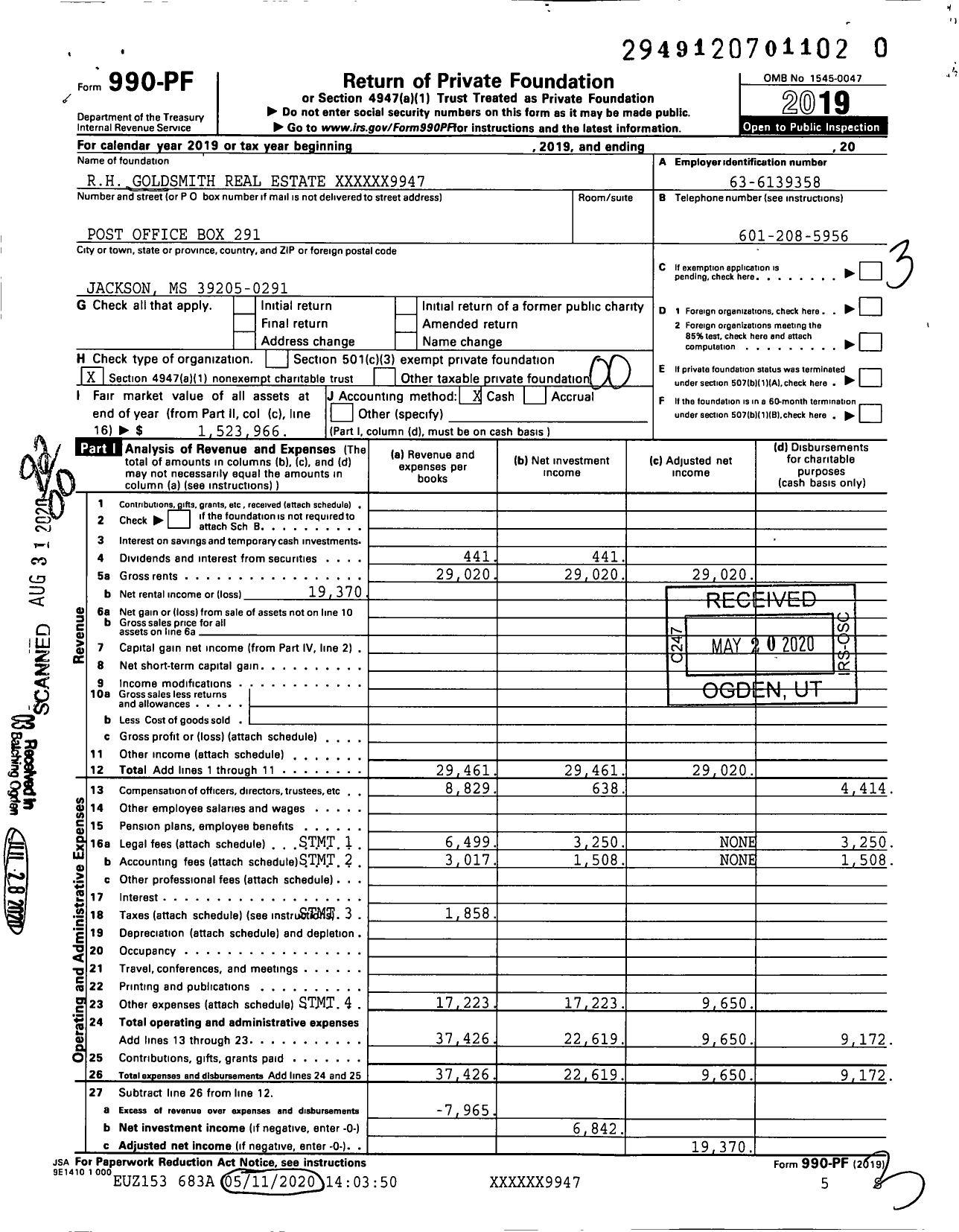 Image of first page of 2019 Form 990PR for R H Goldsmith Real Estate Charitable Trust