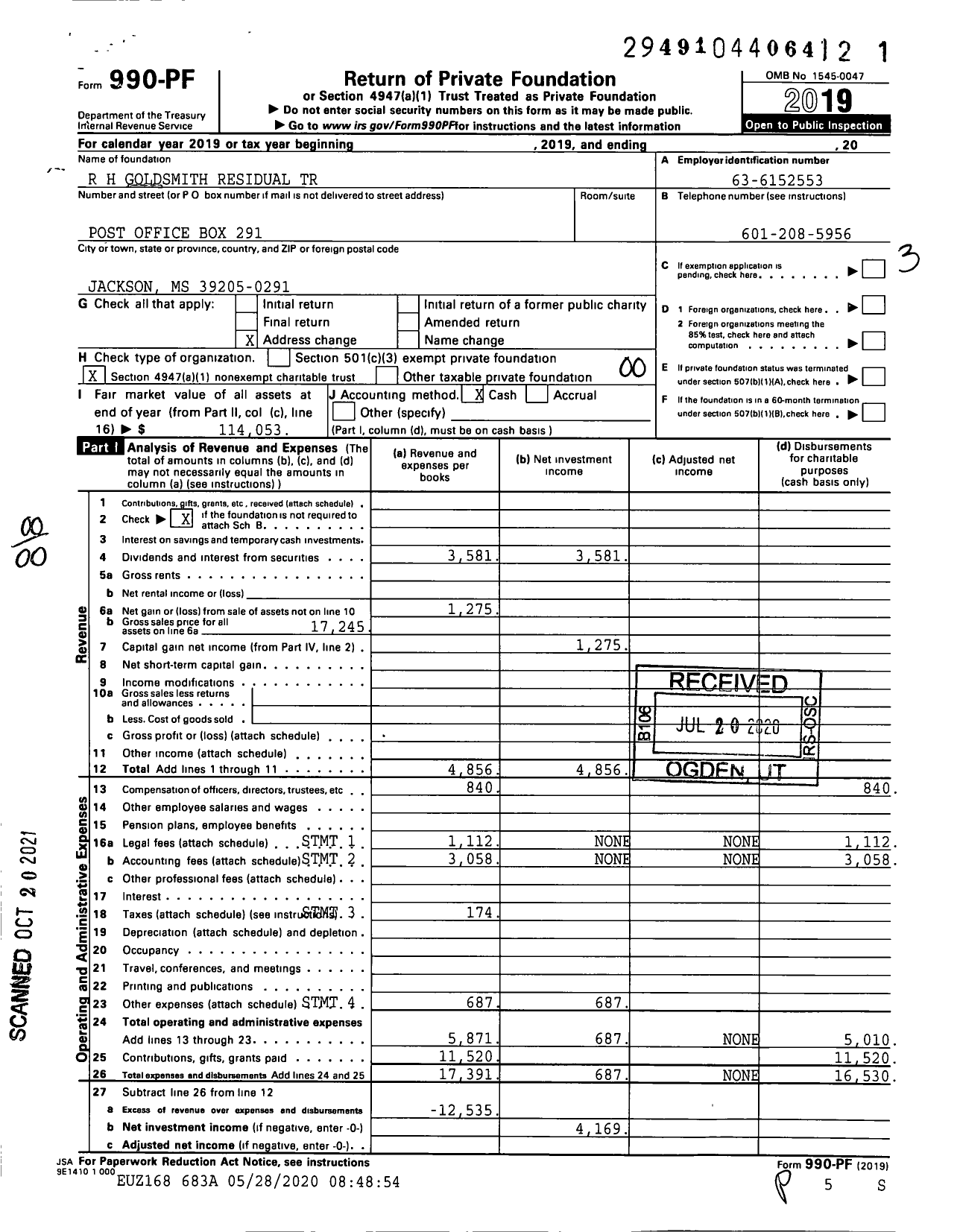 Image of first page of 2019 Form 990PF for R H Goldsmith Charitable Residual Trust