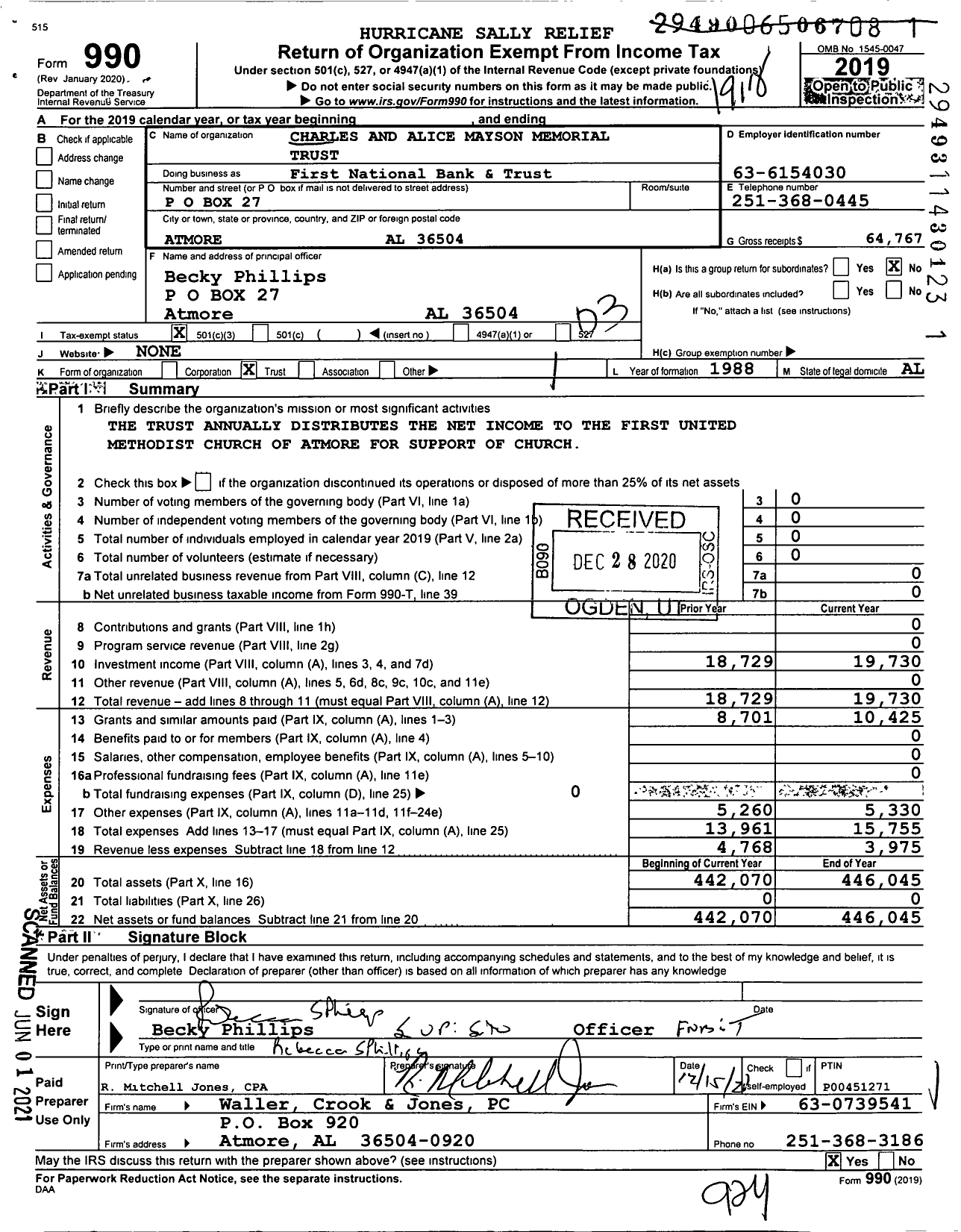 Image of first page of 2019 Form 990 for First National Bank and Trust