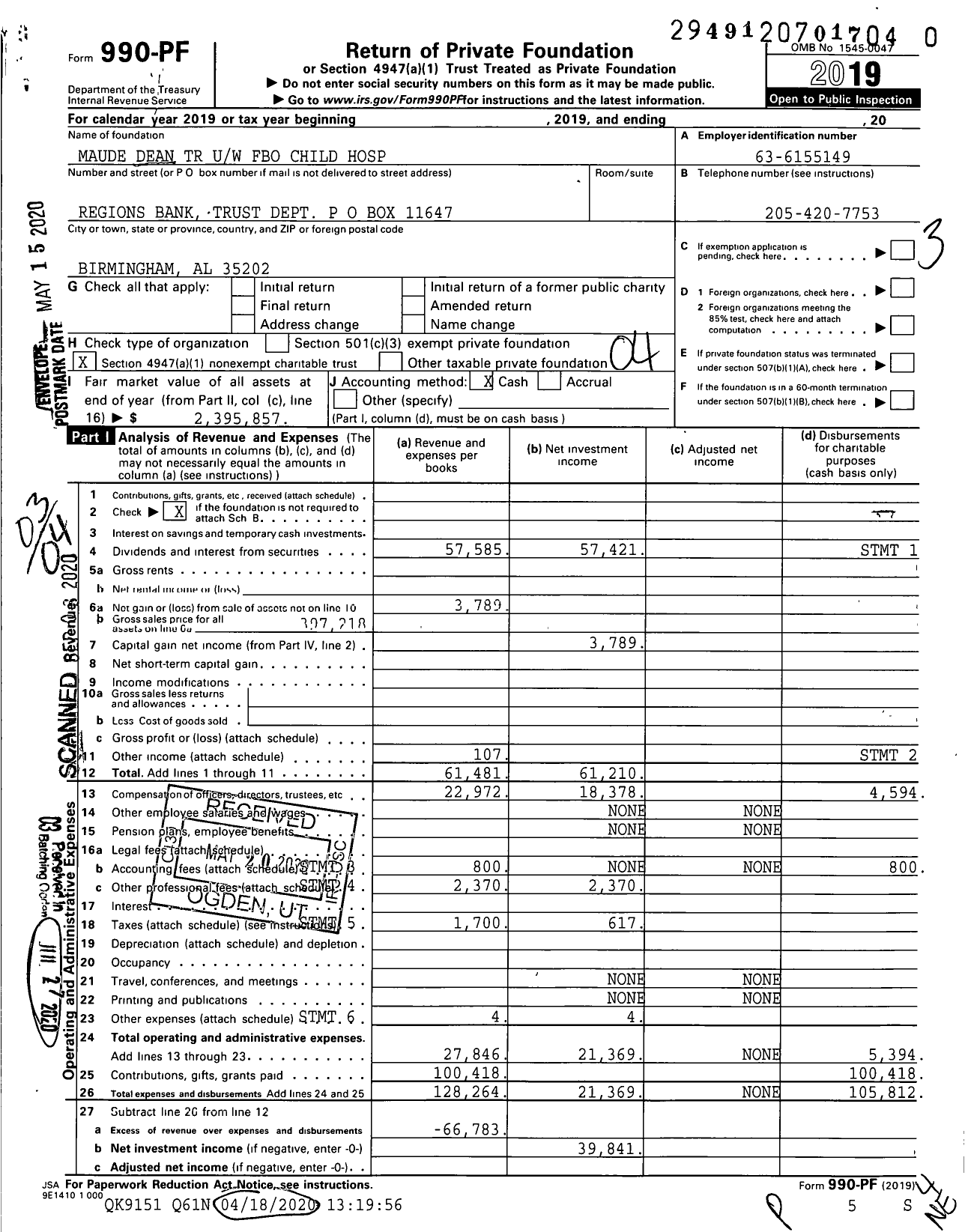 Image of first page of 2019 Form 990PR for Maude Dean TR Uw Fbo Child Hospital