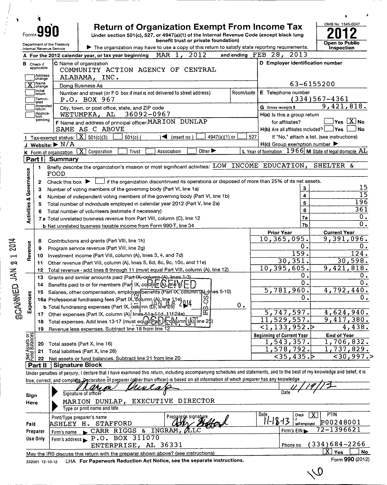 Image of first page of 2012 Form 990 for Community Action Agency of Central Alabama