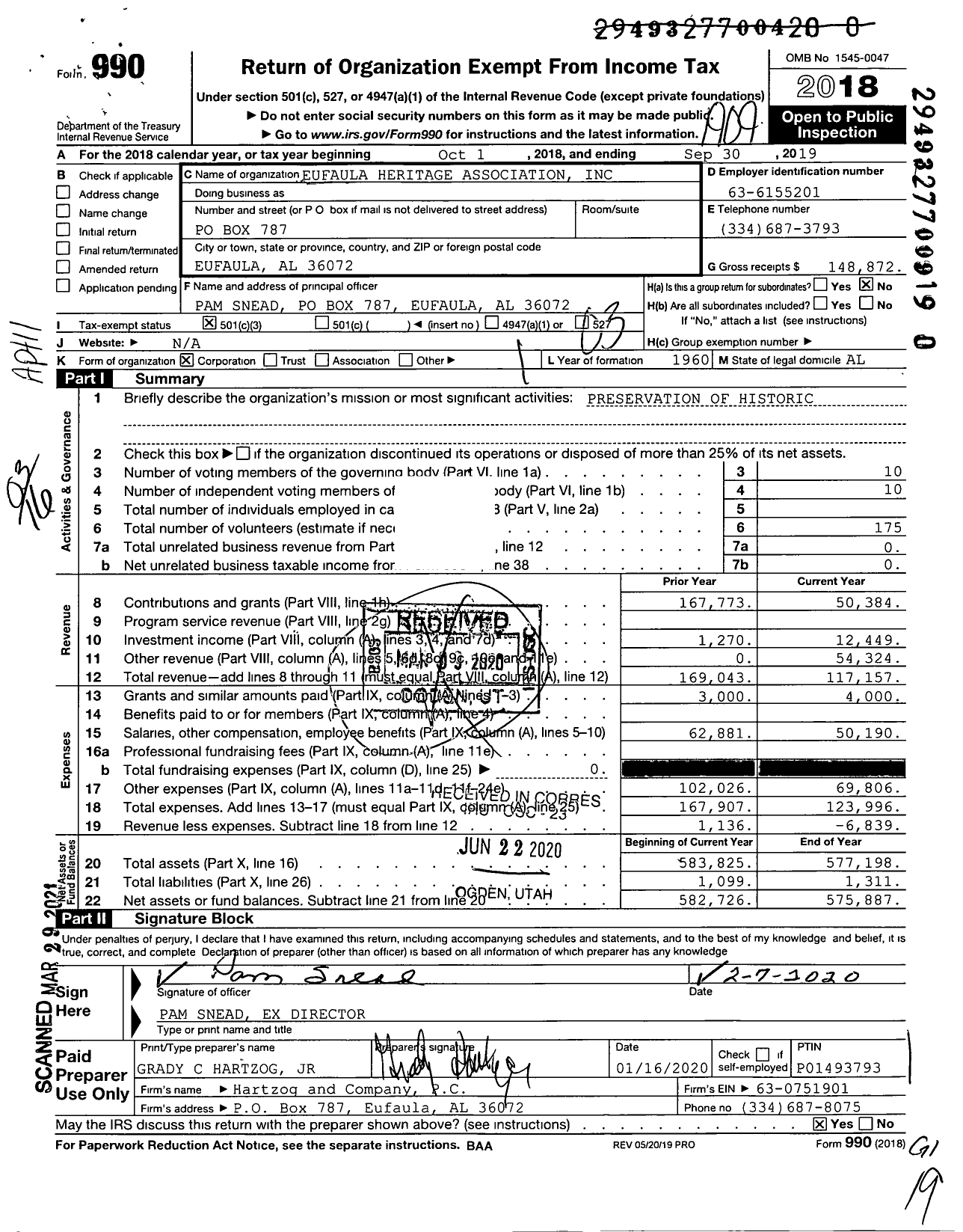 Image of first page of 2018 Form 990 for Eufaula Heritage Association