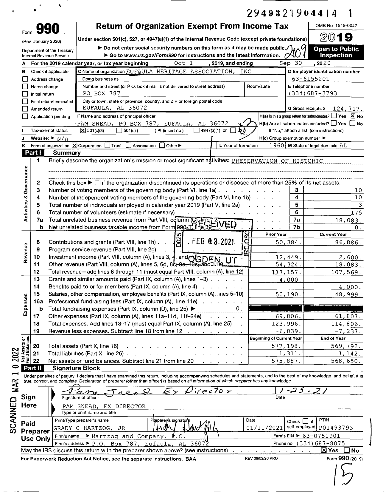 Image of first page of 2019 Form 990 for Eufaula Heritage Association