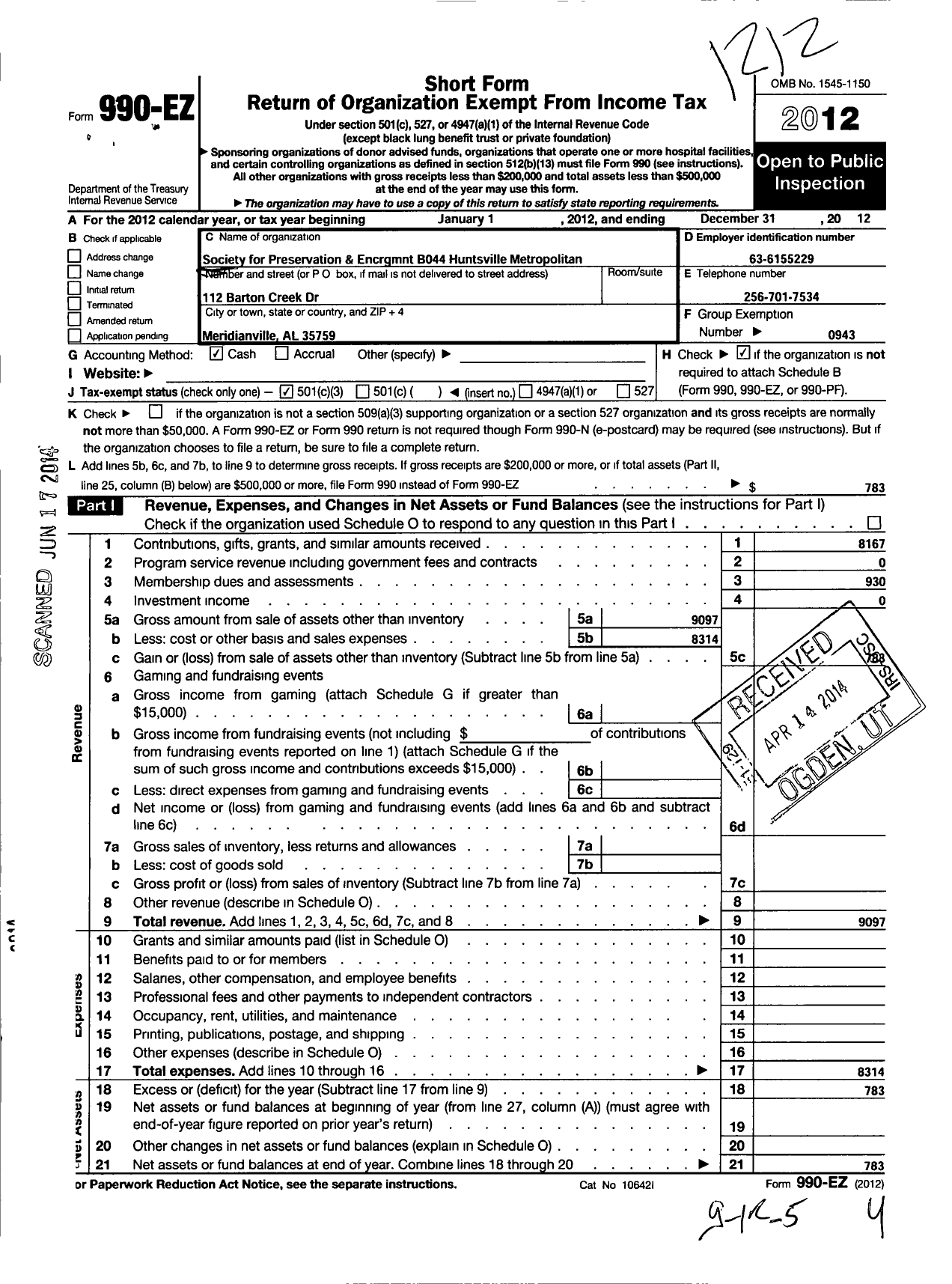 Image of first page of 2012 Form 990EZ for Barbershop Harmony Society - B044 Huntsville Metropolitan