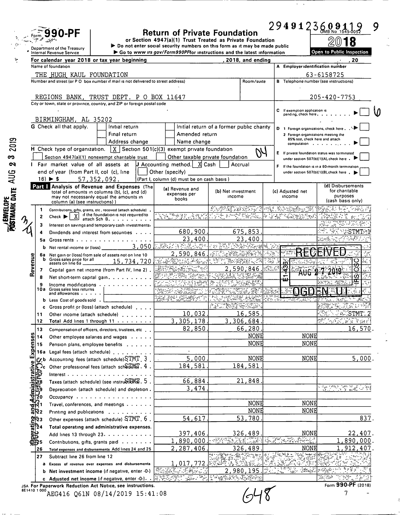 Image of first page of 2018 Form 990PF for The Hugh Kaul Foundation