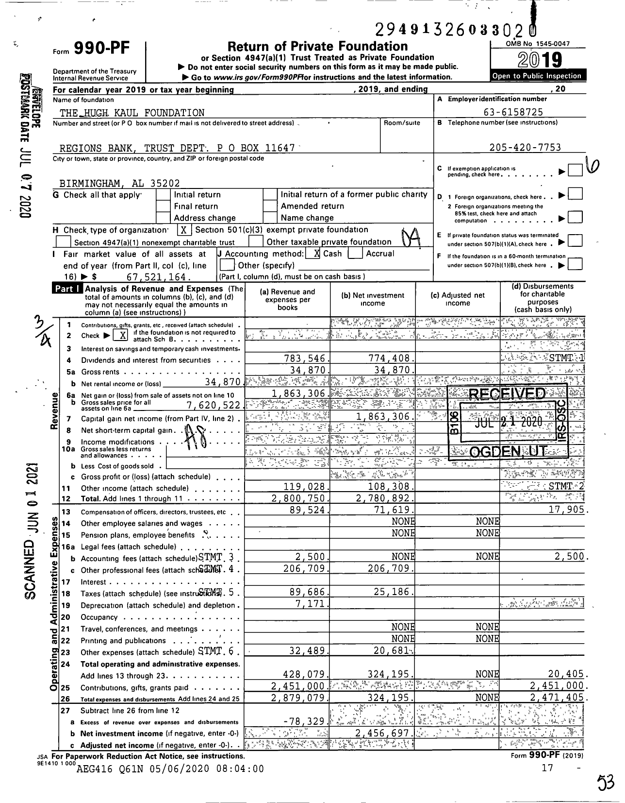 Image of first page of 2019 Form 990PF for The Hugh Kaul Foundation
