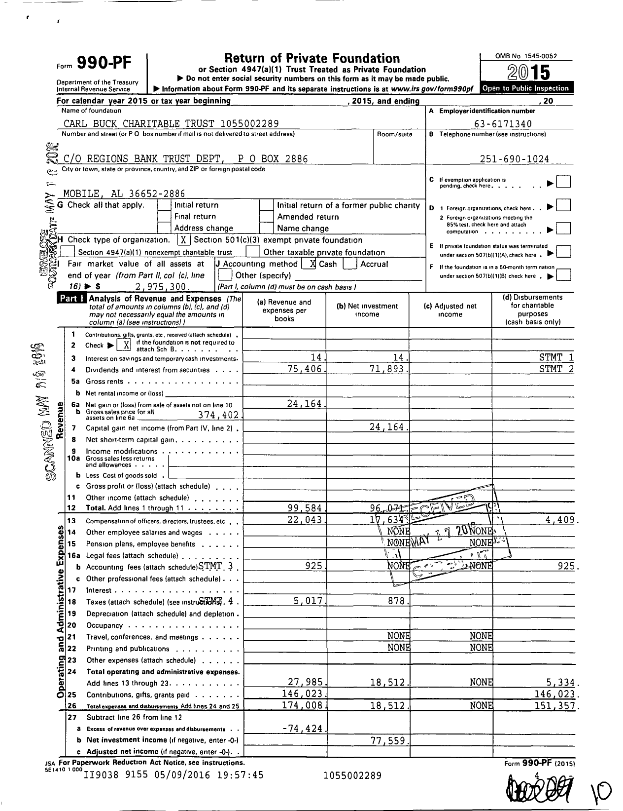 Image of first page of 2015 Form 990PF for Carl Buck Charitable Trust
