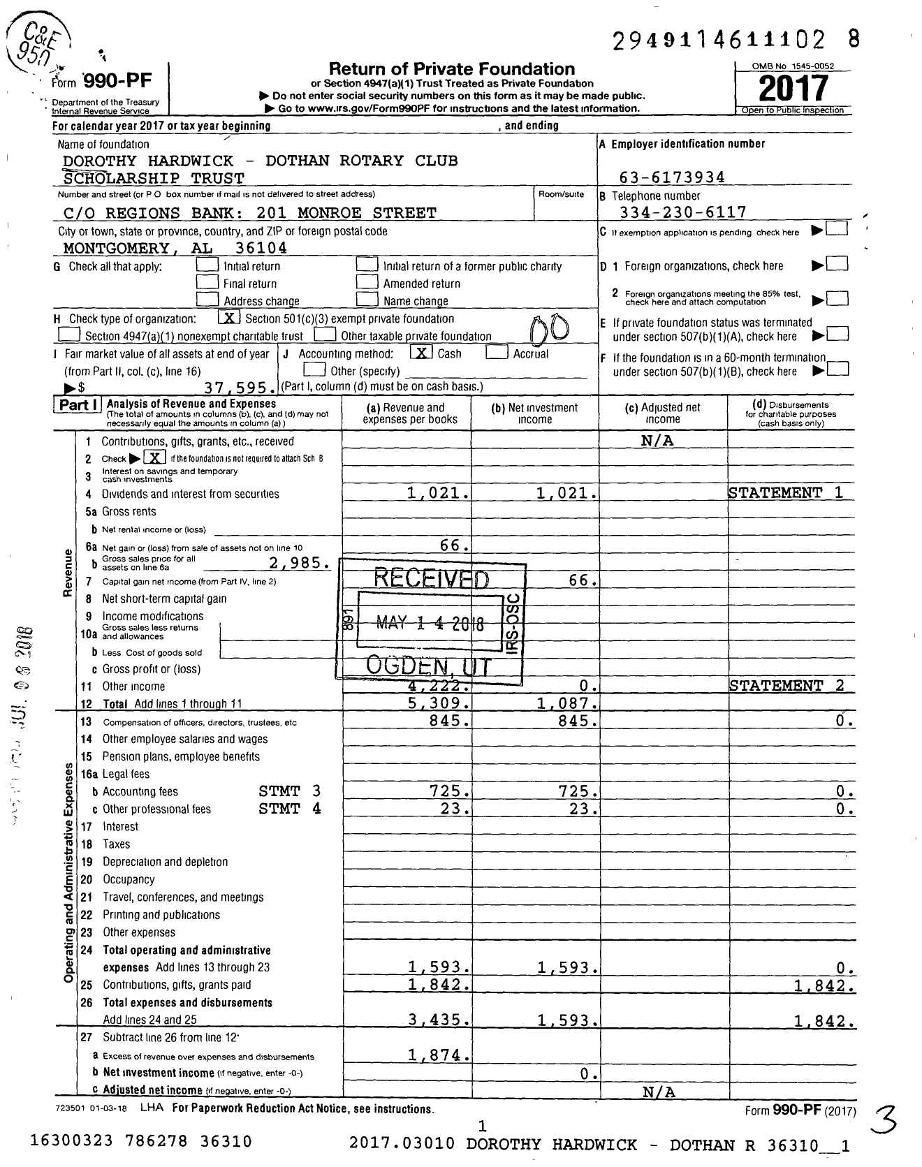 Image of first page of 2017 Form 990PF for Dorothy Hardwick-Do Rotary CLB SCH Trust Regions Bank- Trust Department