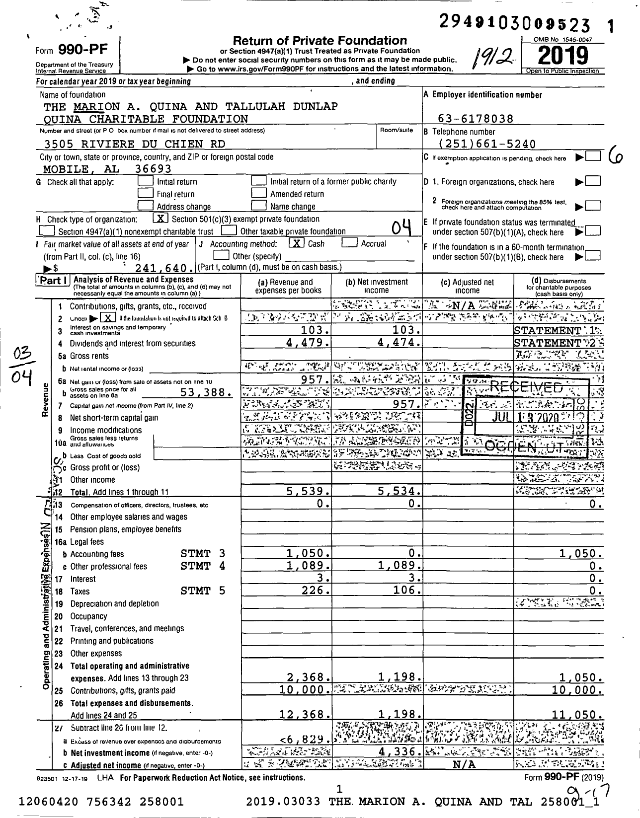 Image of first page of 2019 Form 990PF for The Marion A Quina and Tallulah Dunlap Quina Charitable Foundation