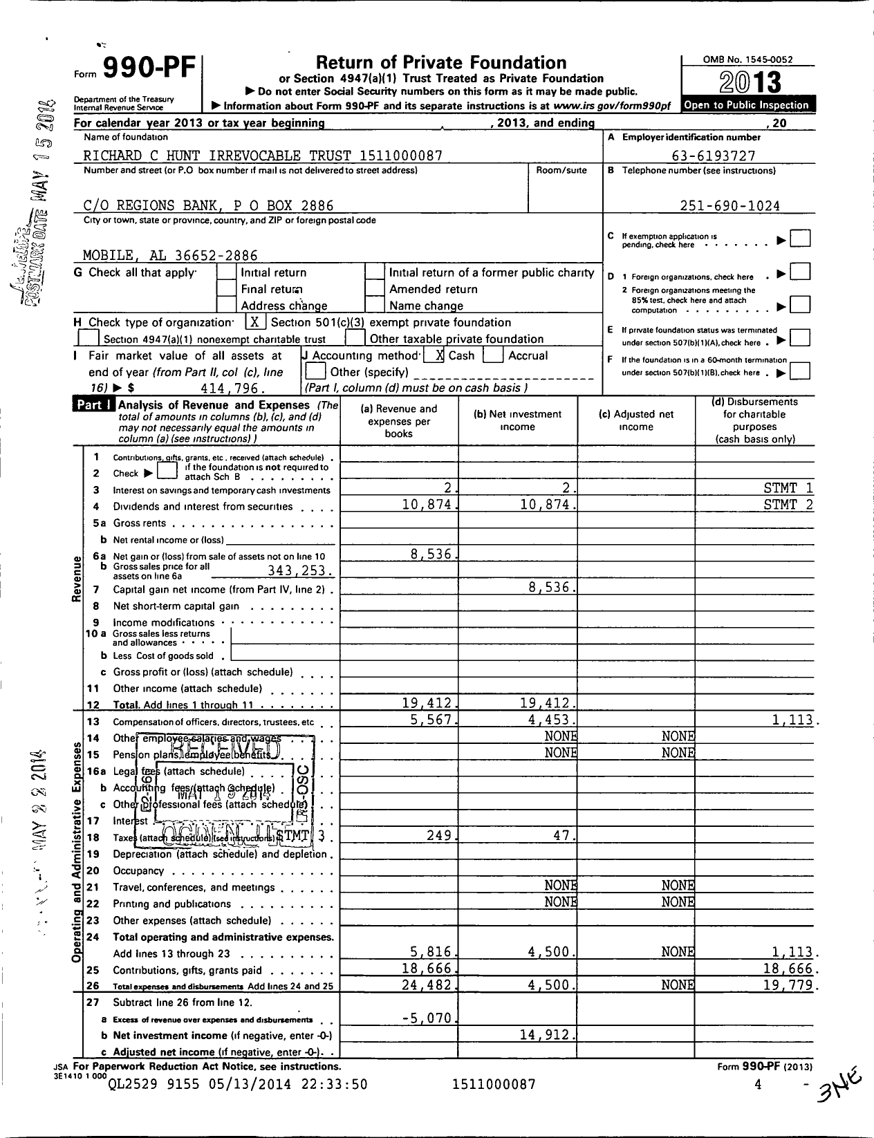 Image of first page of 2013 Form 990PF for Richard C Hunt Irrevocable Trust 1511000087