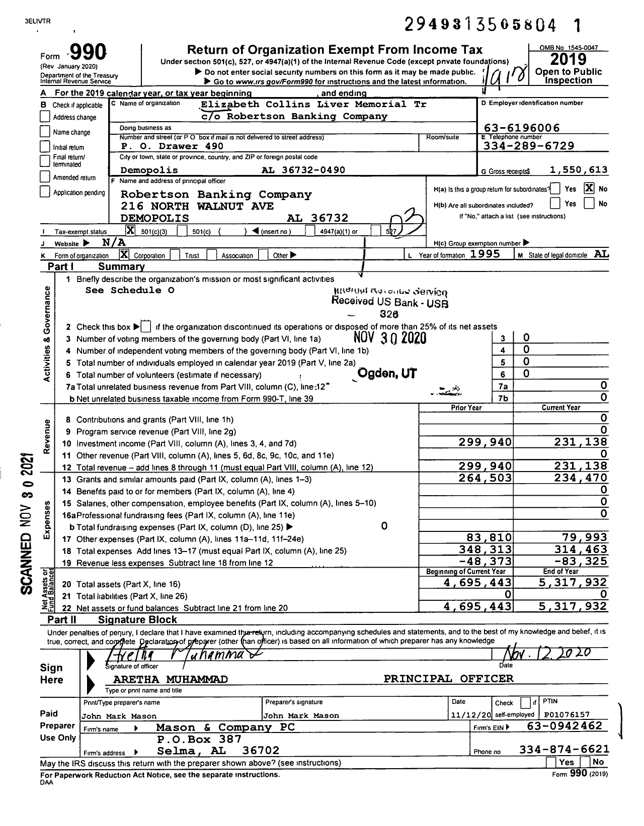 Image of first page of 2019 Form 990 for Elizabeth Collins Liver Memorial Trust