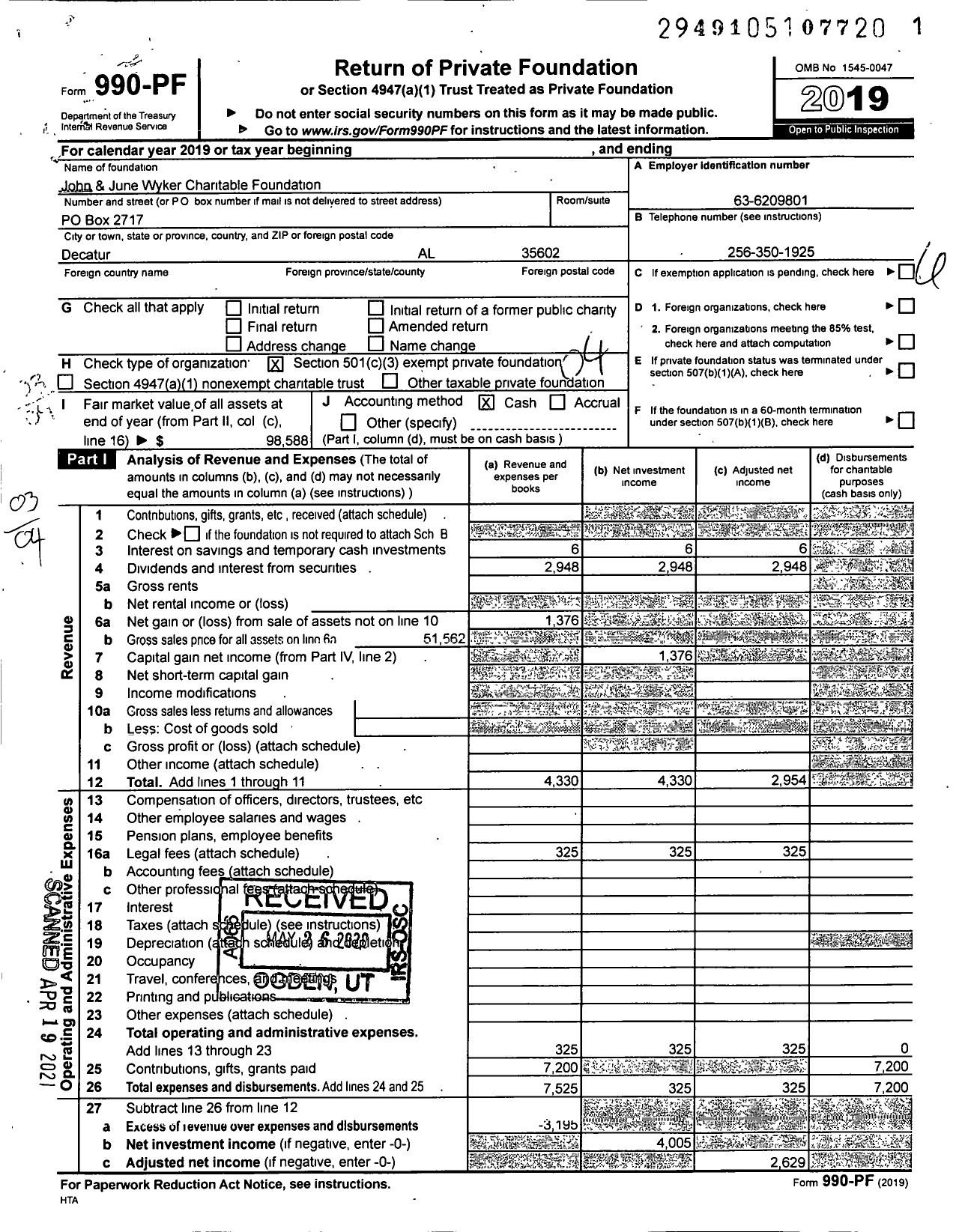 Image of first page of 2019 Form 990PF for John & June Wyker Charitable Foundation