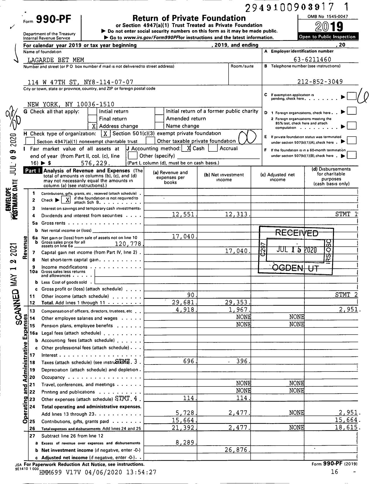 Image of first page of 2019 Form 990PF for Lagarde Bet Mem