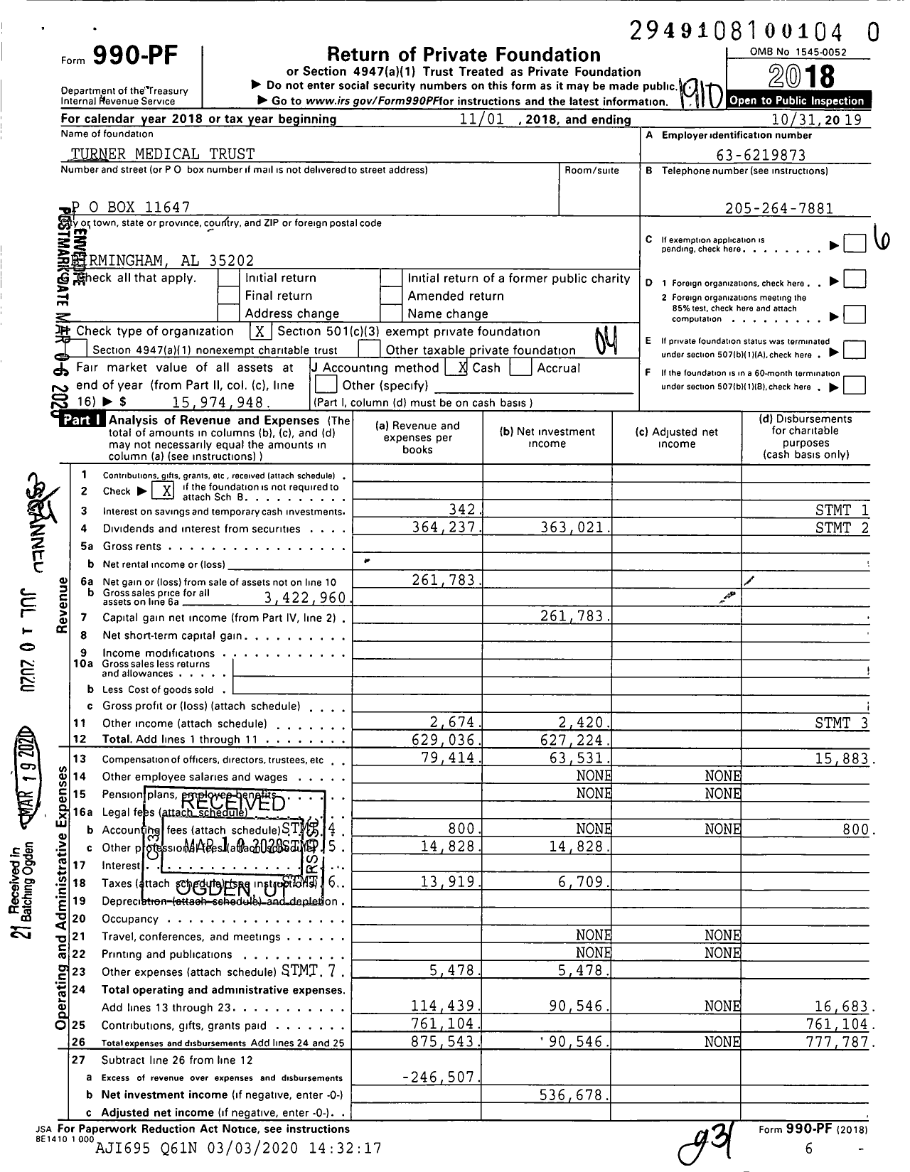 Image of first page of 2018 Form 990PR for Turner Medical Trust