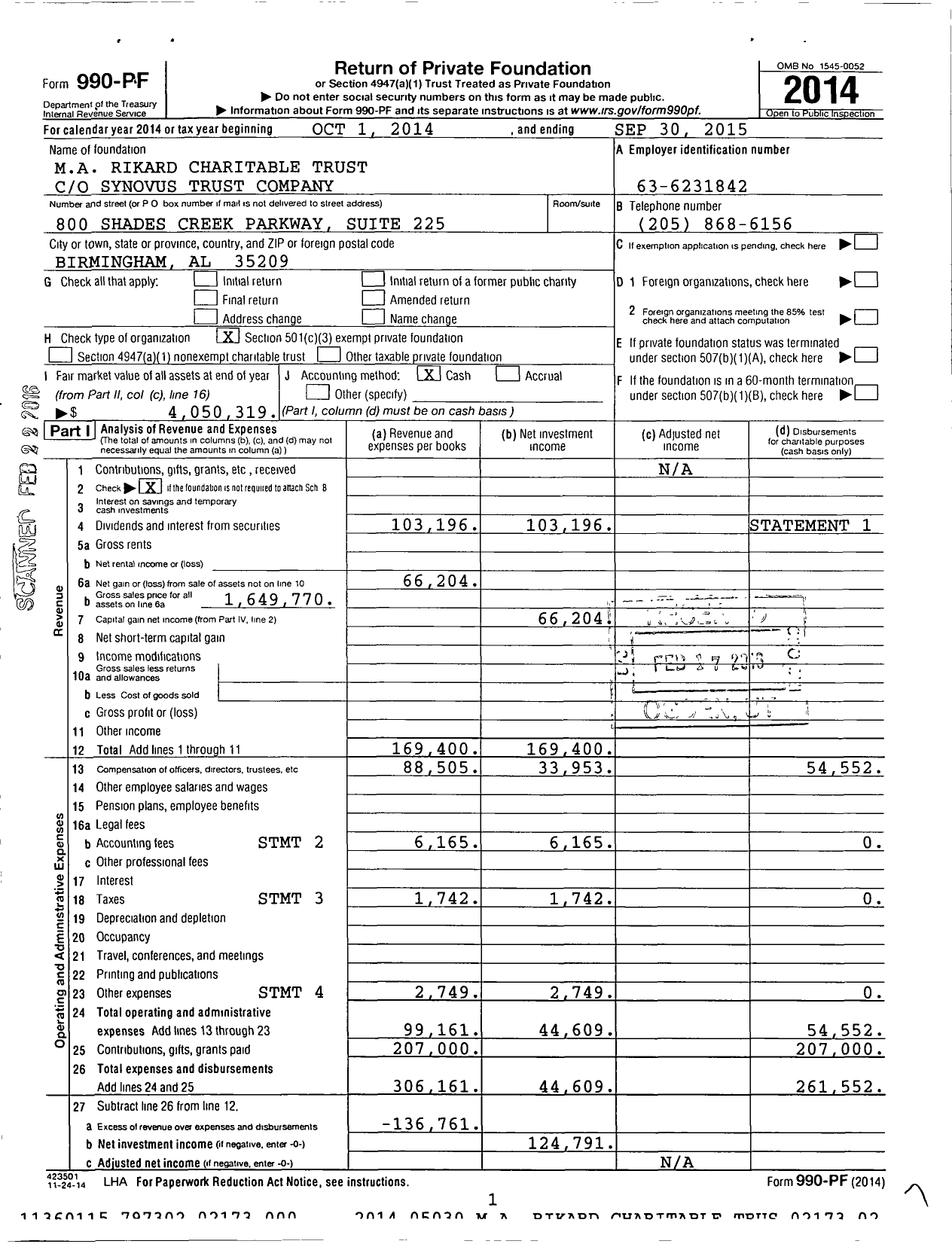 Image of first page of 2014 Form 990PF for MA Rikard Charitable Trust