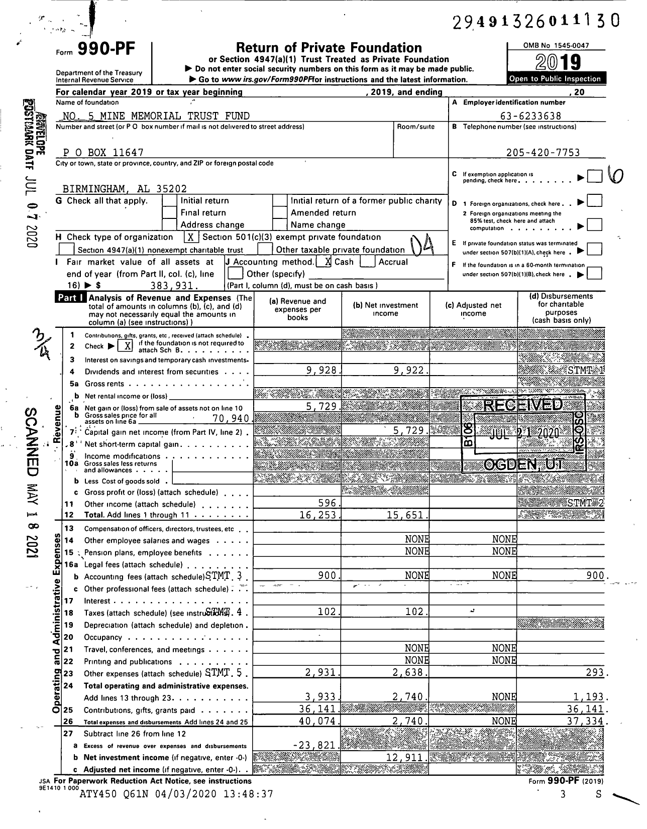 Image of first page of 2019 Form 990PF for No 5 Mine Memorial Trust Fund