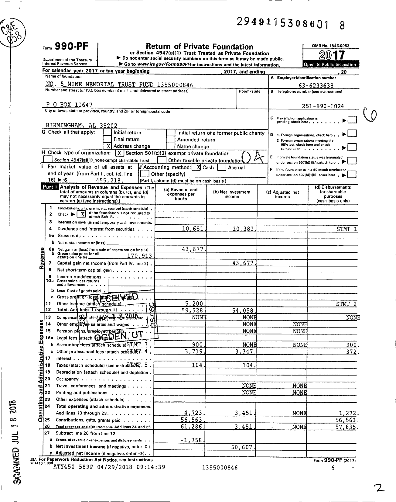 Image of first page of 2017 Form 990PF for No 5 Mine Memorial Trust Fund