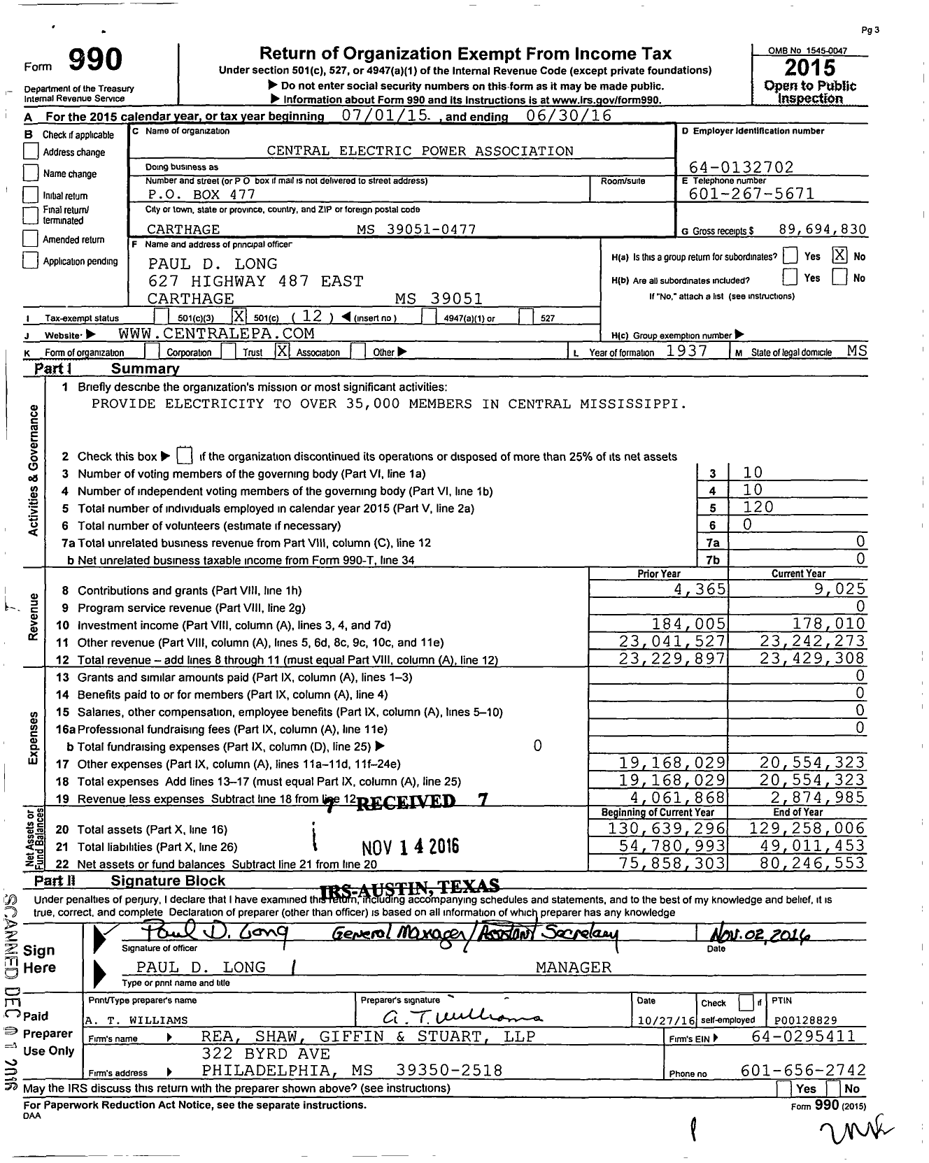 Image of first page of 2015 Form 990O for Central Electric Power Association