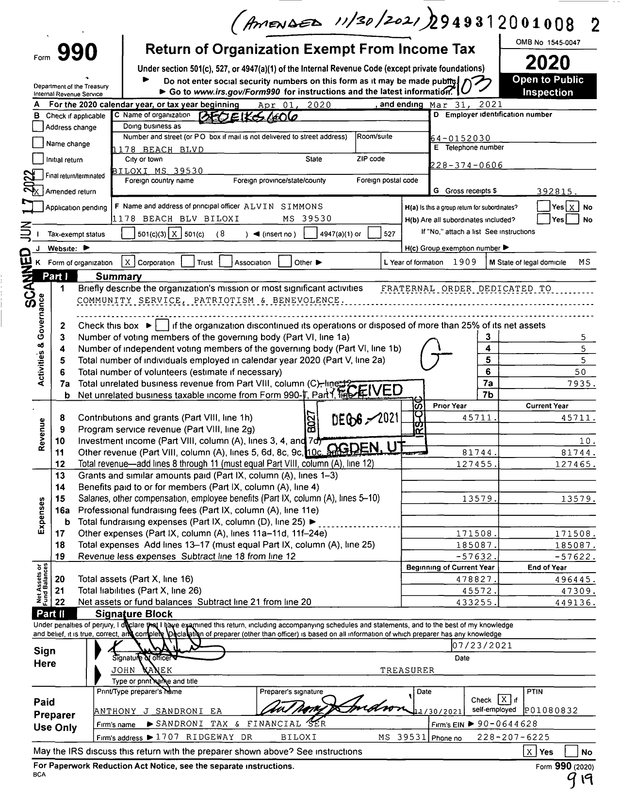 Image of first page of 2020 Form 990O for Benevolent and Protective Order of Elks - 606 Biloxi