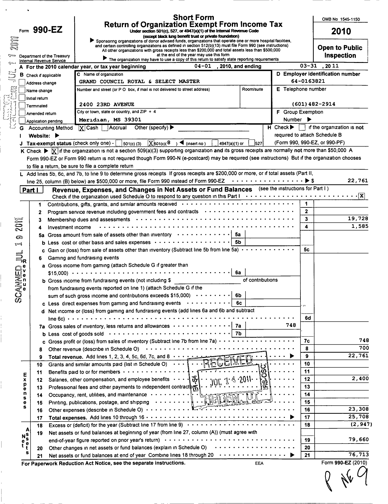 Image of first page of 2010 Form 990EO for Grand Council Royal and Select Masters of Mississippi