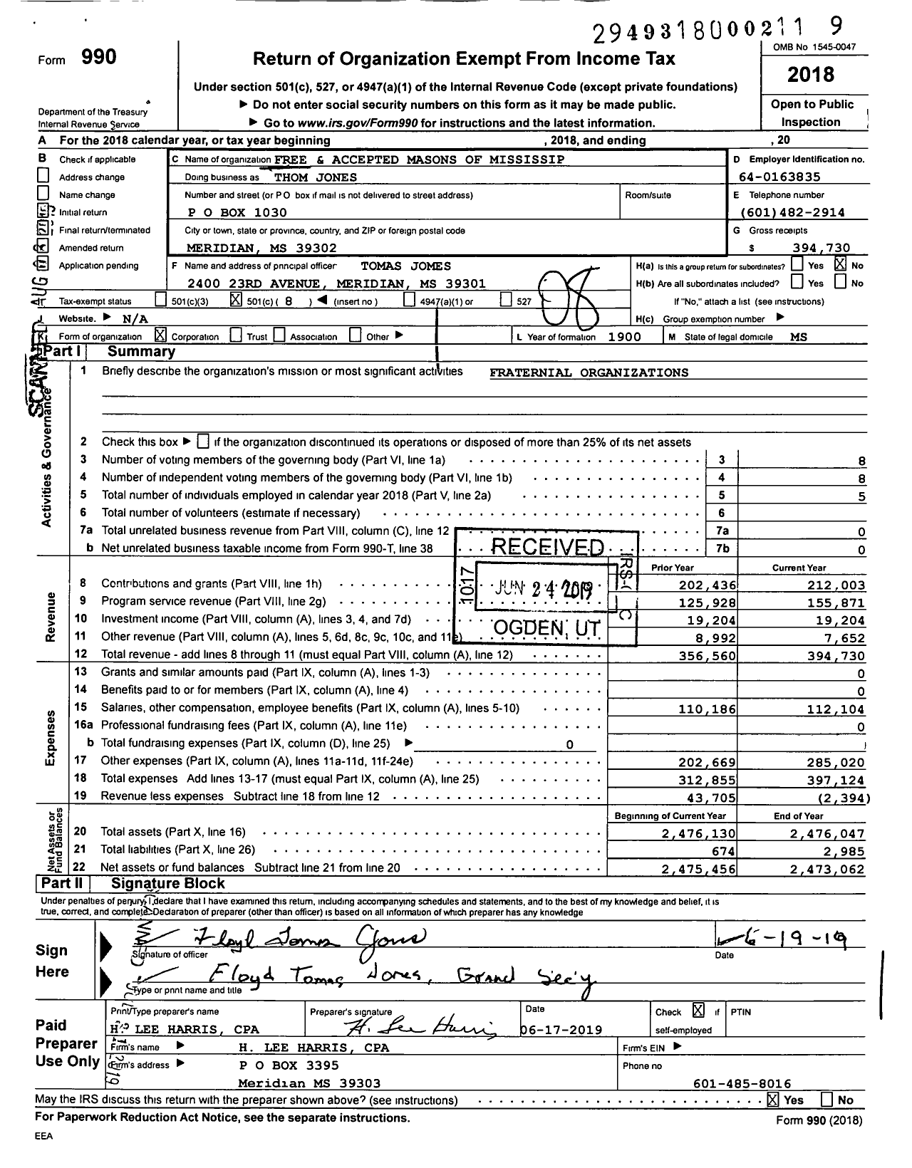 Image of first page of 2018 Form 990O for Free and Accepted Masons of Mississip