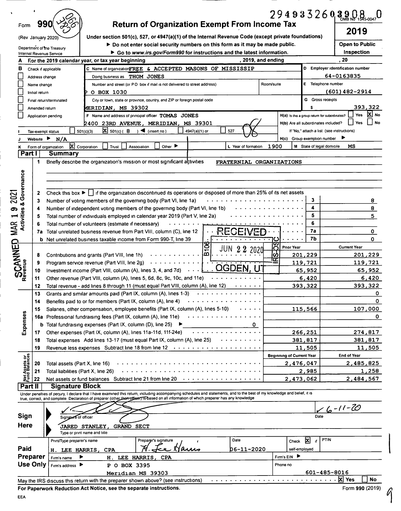 Image of first page of 2019 Form 990O for Free and Accepted Masons of Mississip