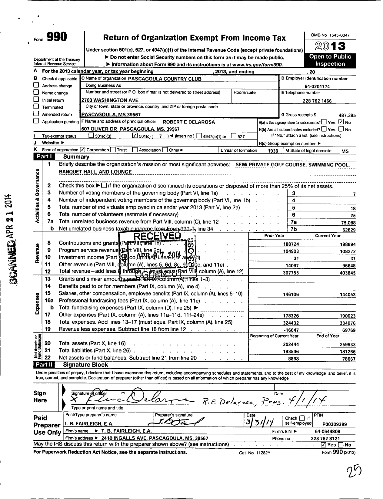 Image of first page of 2013 Form 990O for Pascagoula Country Club