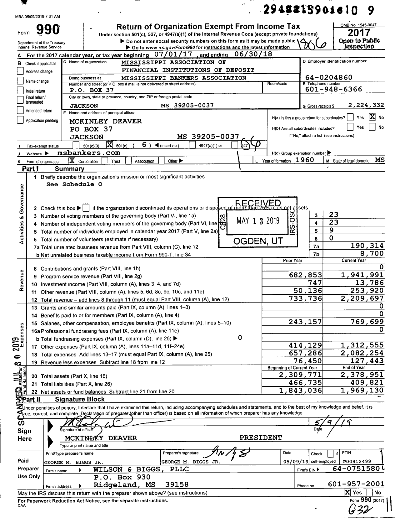 Image of first page of 2017 Form 990O for Mississippi Bankers-Association (MBA)