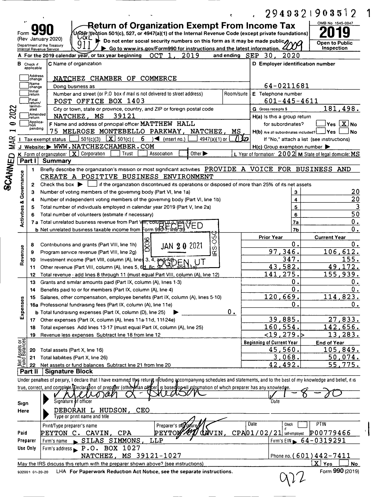 Image of first page of 2019 Form 990O for Natchez Chamber of Commerce
