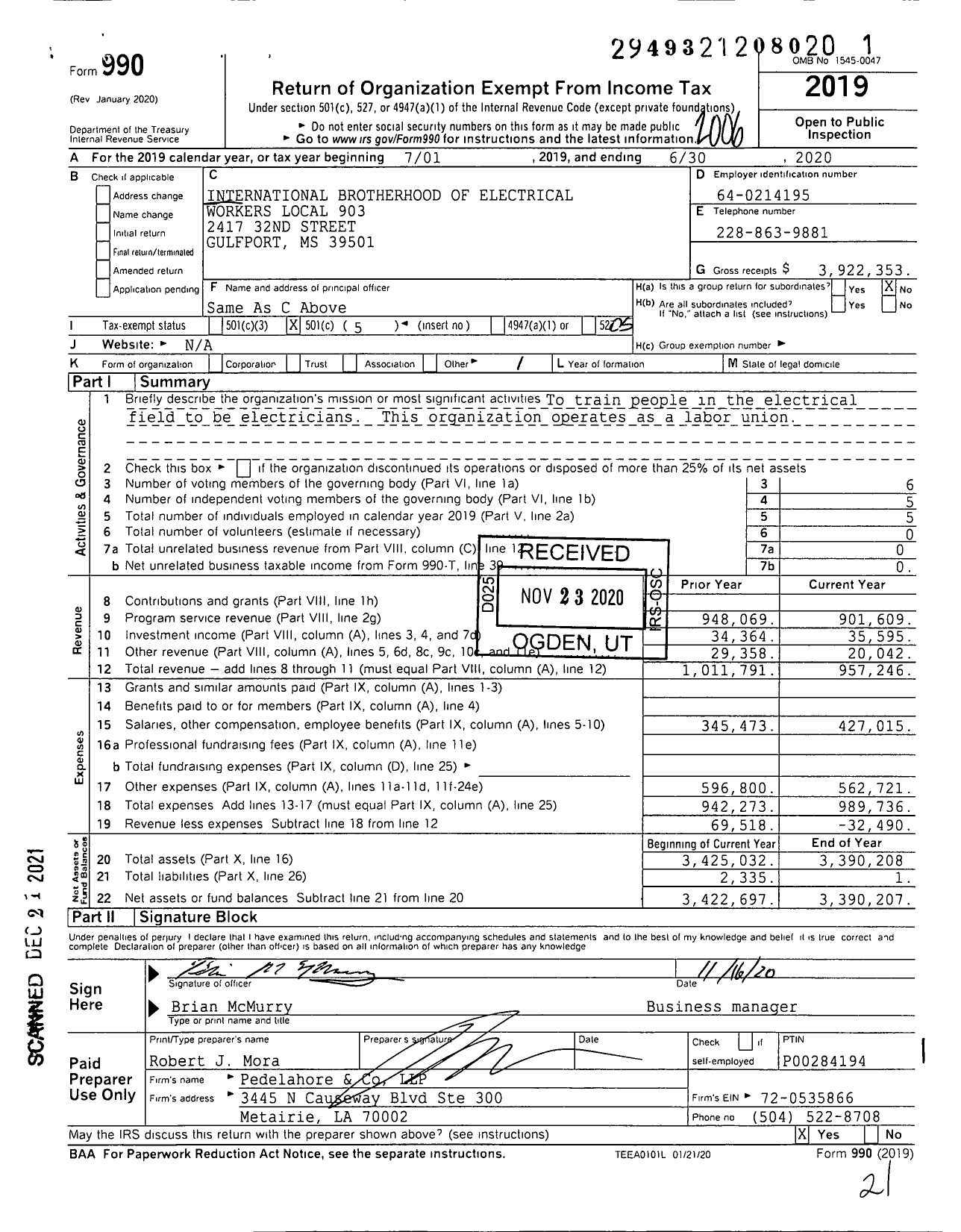 Image of first page of 2019 Form 990O for International Brotherhood of Electrical Workers - 0903 Local Union