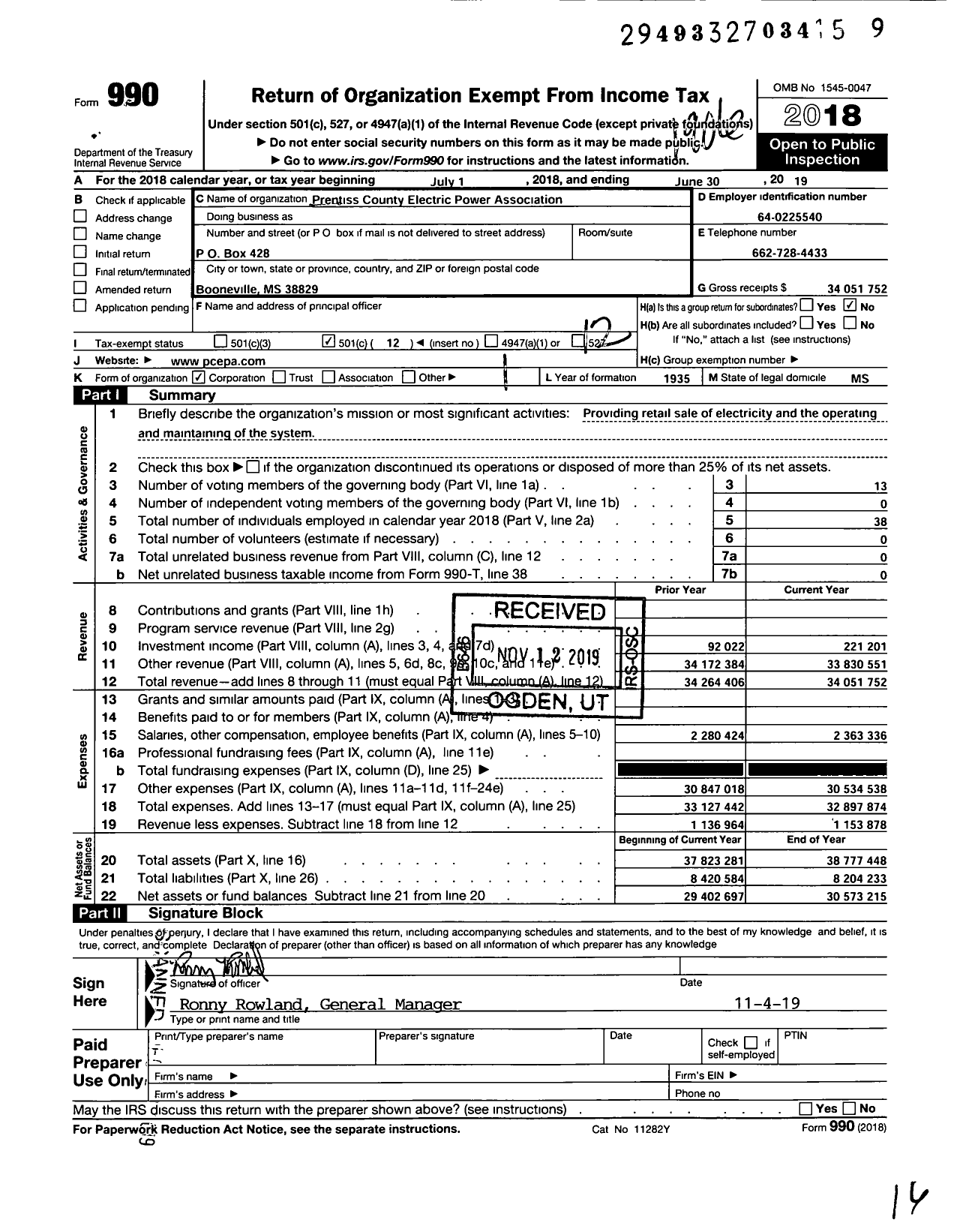 Image of first page of 2018 Form 990O for Prentiss County Electric Power Association