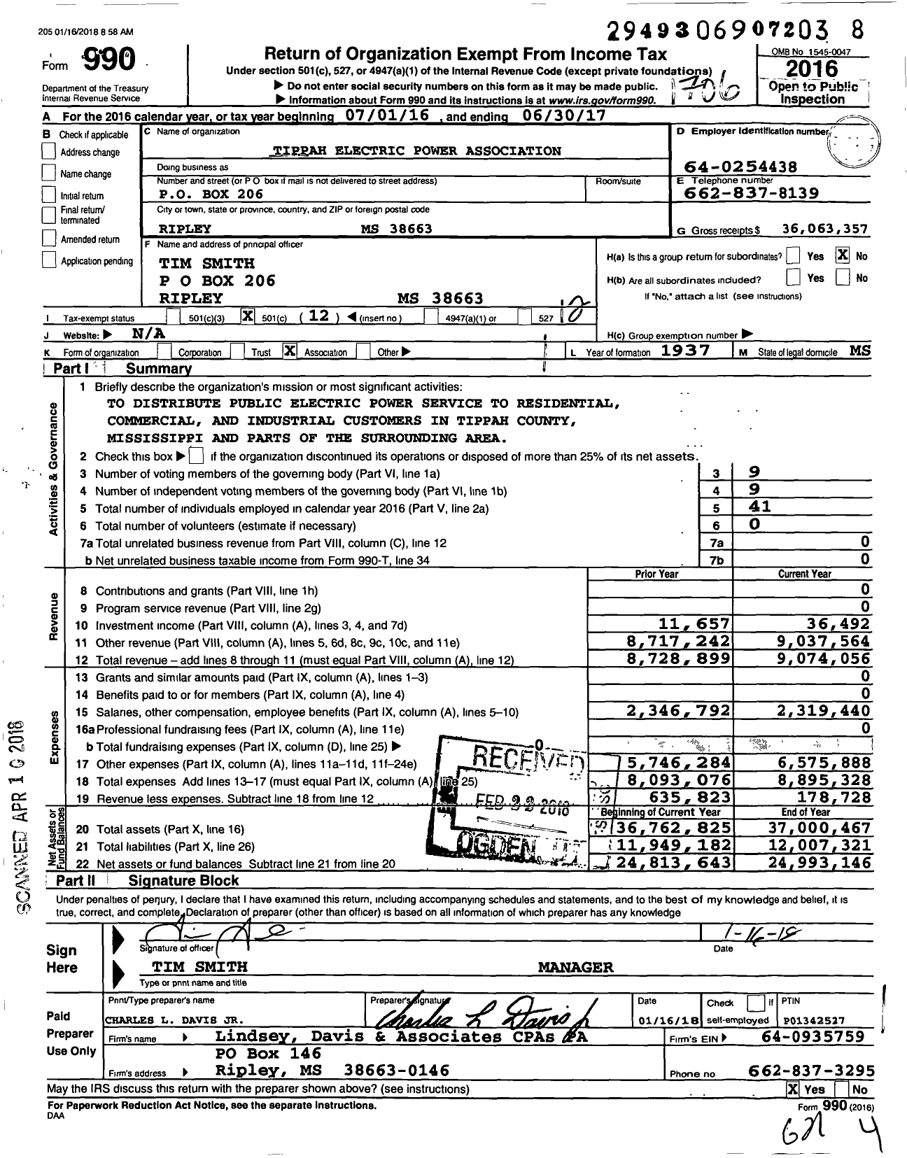 Image of first page of 2016 Form 990O for Tippah Electric Power Association (TEPA)