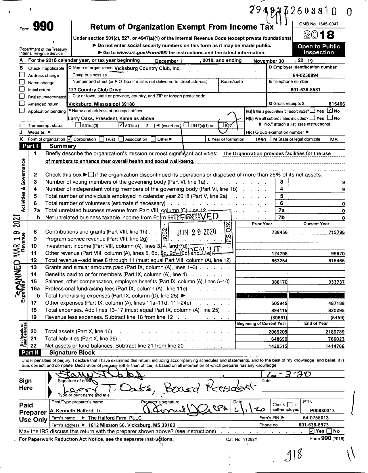Image of first page of 2018 Form 990O for Vicksburg Country Club