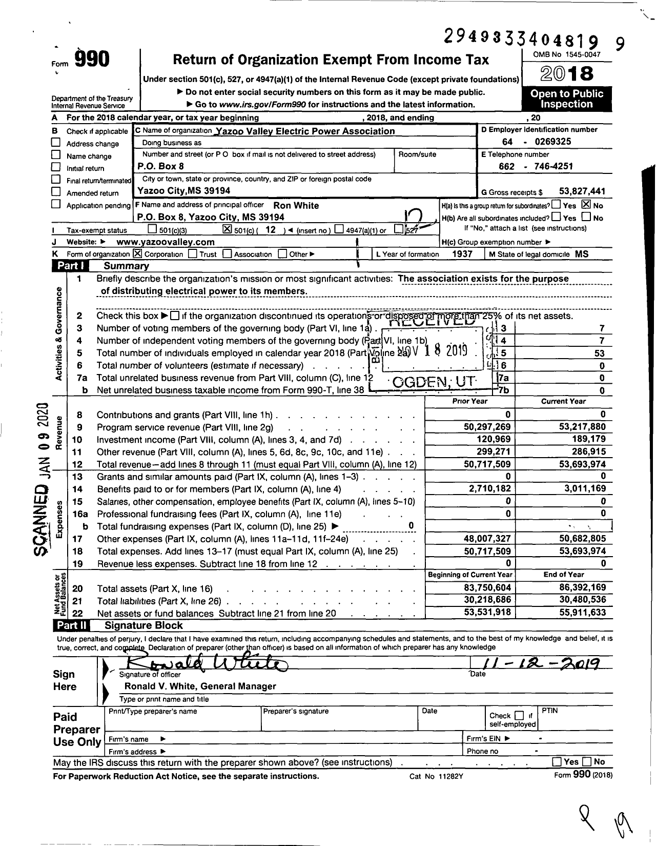 Image of first page of 2018 Form 990O for Yazoo Valley Electric Power Association