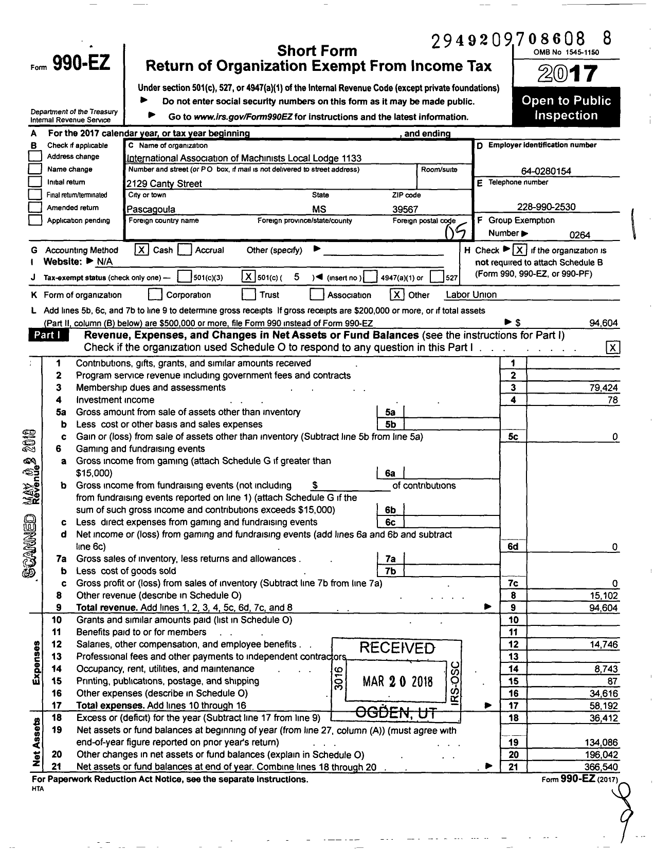 Image of first page of 2017 Form 990EO for International Association of Machinists and Aerospace Workers - 1133