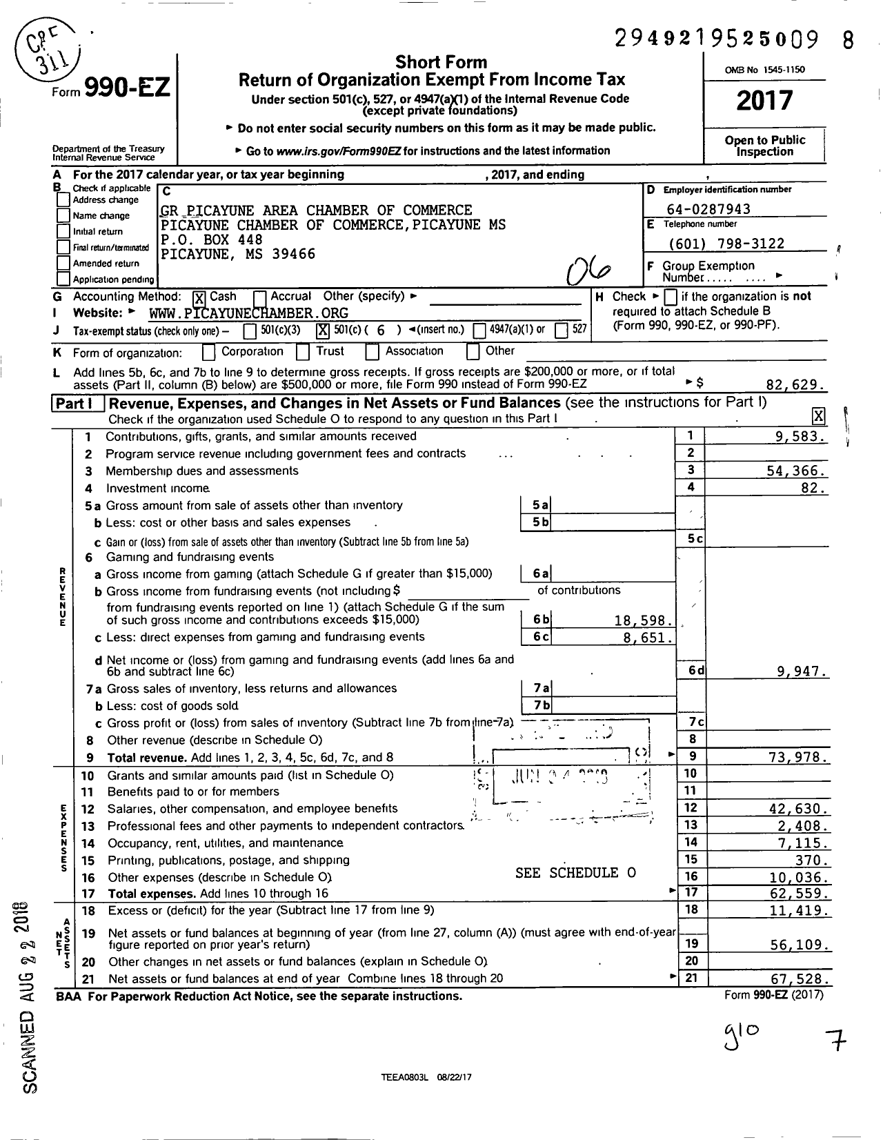 Image of first page of 2017 Form 990EO for GR Picayune Area Chamber of Commerce Picayune Chamber of Commerce Picayune MS