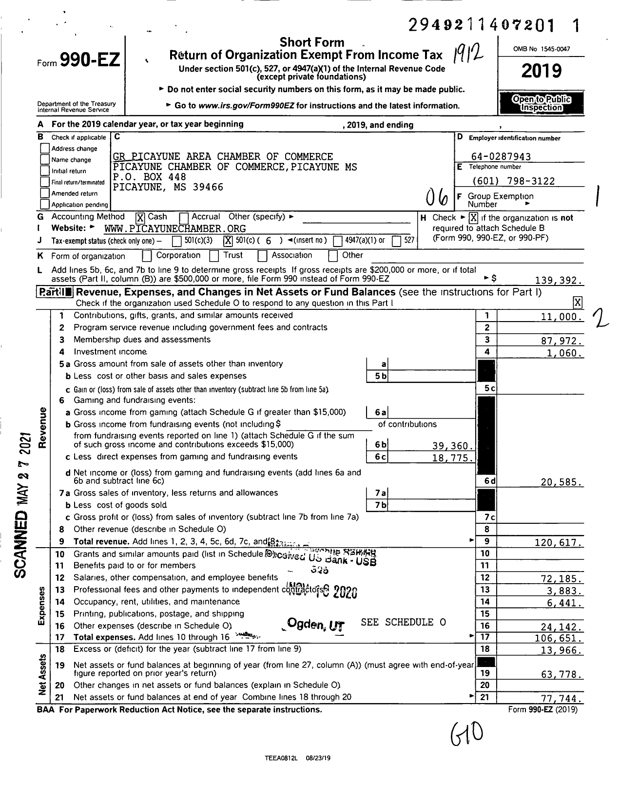 Image of first page of 2019 Form 990EO for GR Picayune Area Chamber of Commerce Picayune Chamber of Commerce Picayune MS