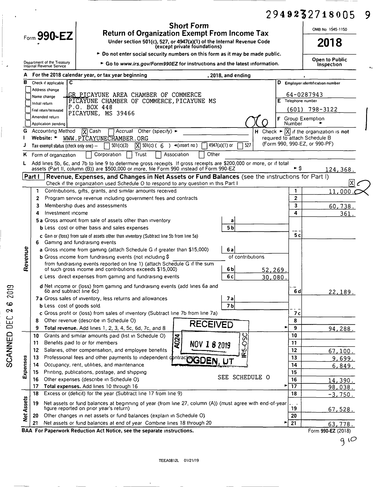 Image of first page of 2018 Form 990EO for GR Picayune Area Chamber of Commerce Picayune Chamber of Commerce Picayune MS