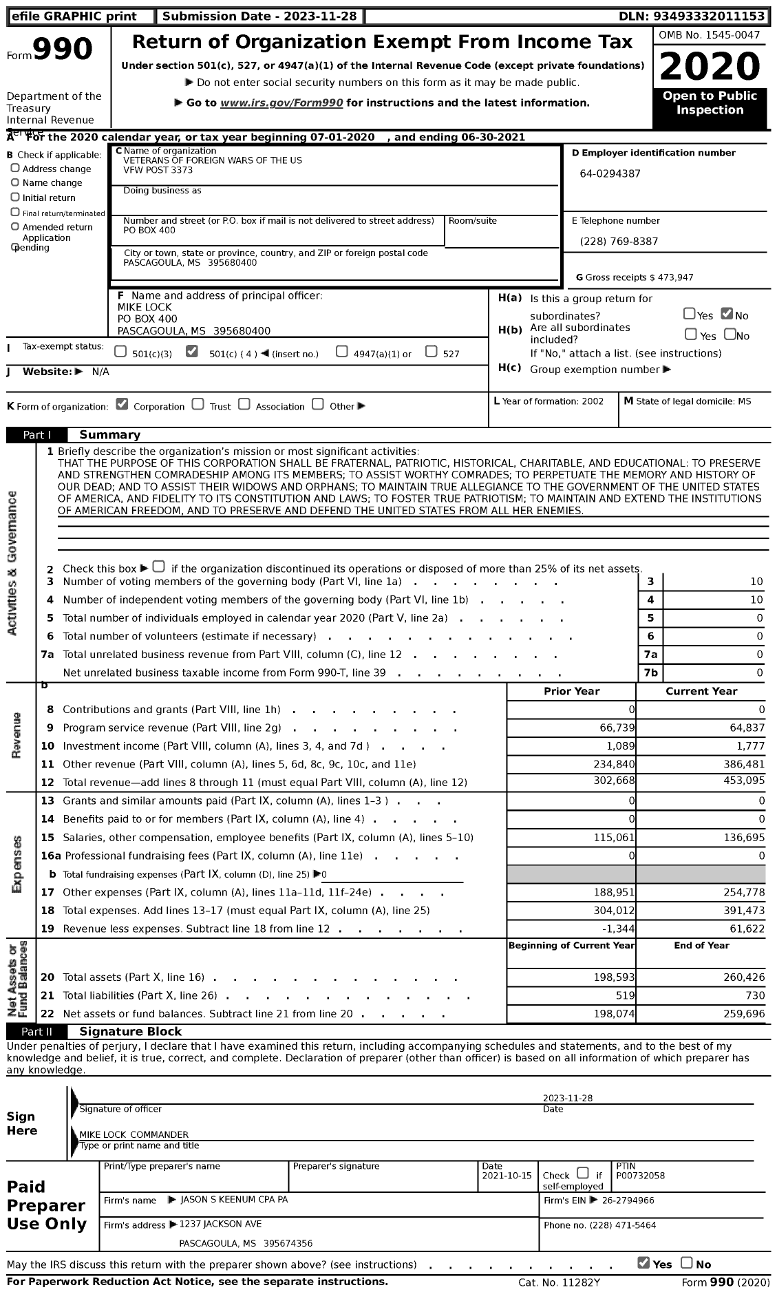 Image of first page of 2020 Form 990 for Veterans of Foreign Wars of the Us VFW Post 3373