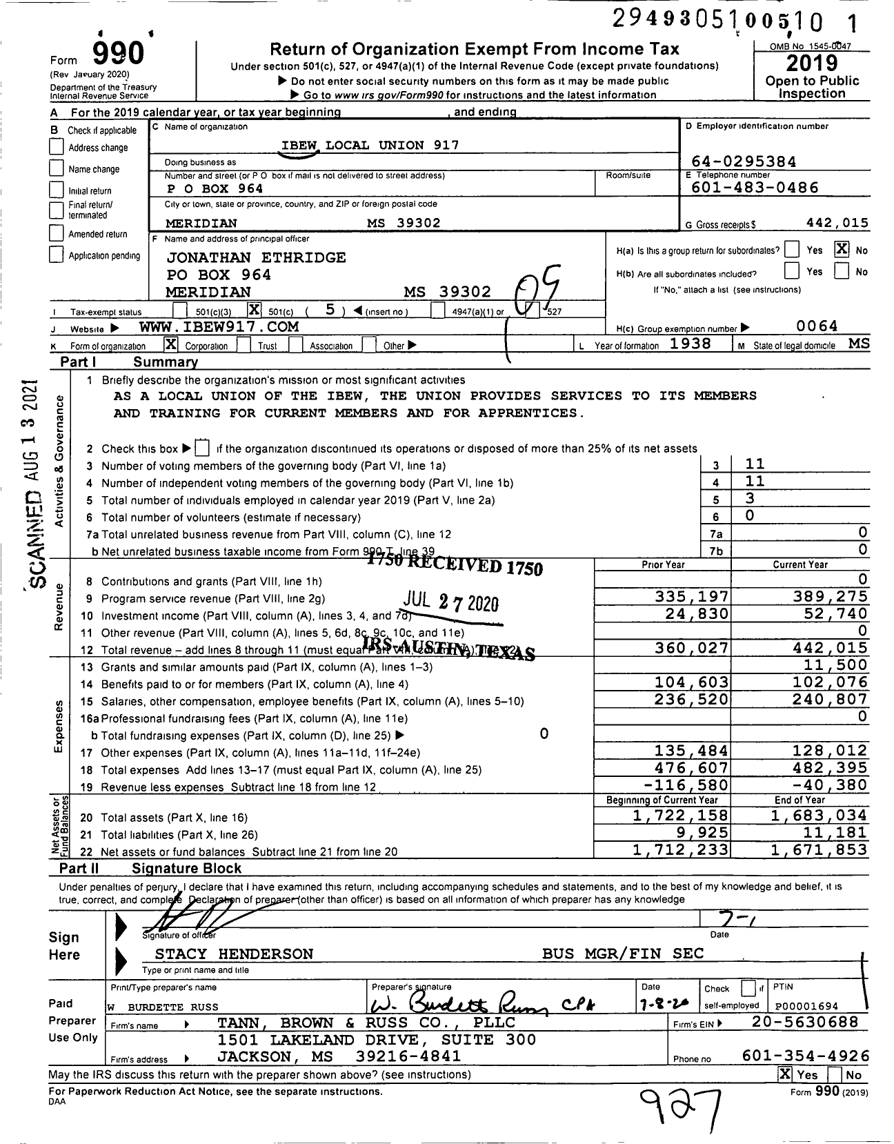 Image of first page of 2019 Form 990O for International Brotherhood of Electrical Workers - 0917 Local Union