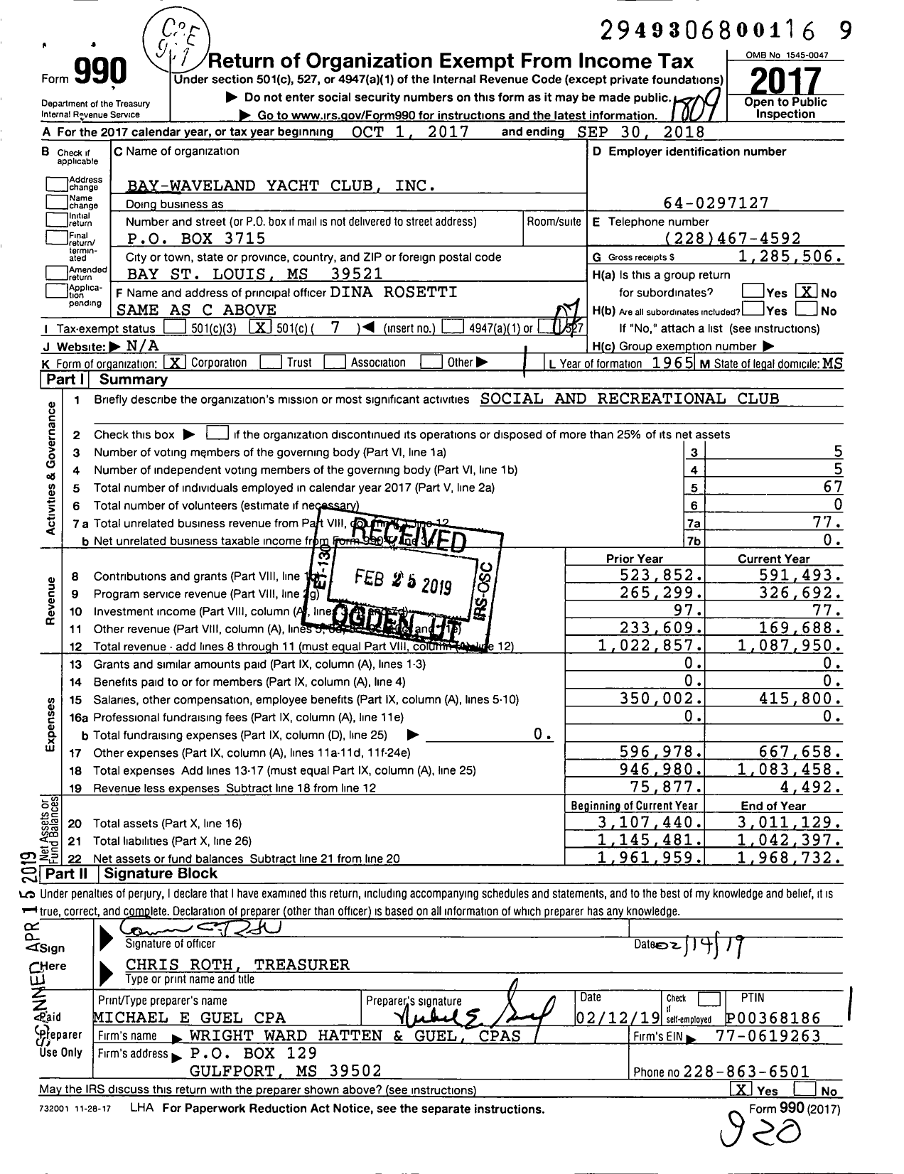 Image of first page of 2017 Form 990O for Bay-Waveland Yacht Club