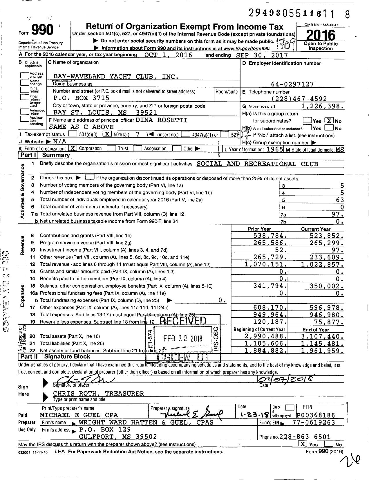 Image of first page of 2016 Form 990O for Bay-Waveland Yacht Club