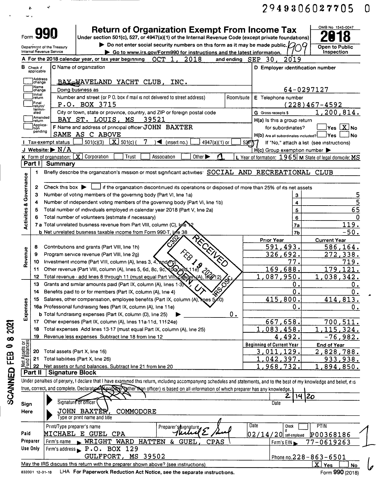 Image of first page of 2018 Form 990O for Bay-Waveland Yacht Club