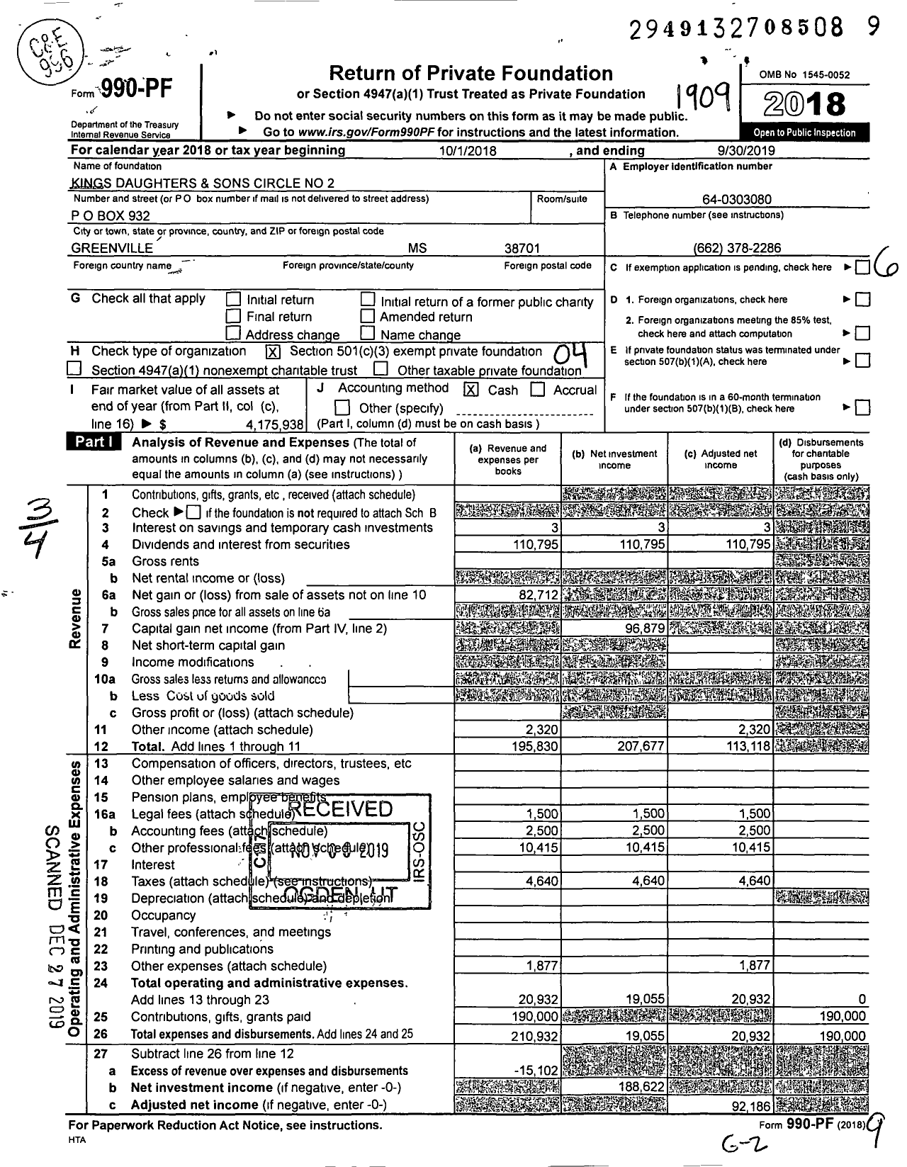 Image of first page of 2018 Form 990PF for Kings Daughters and Sons Circle No 2