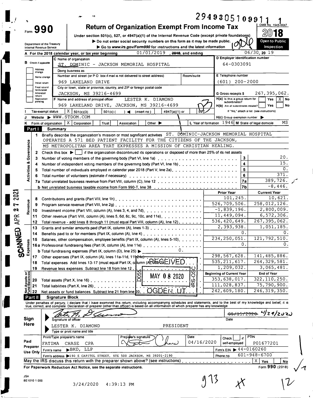Image of first page of 2018 Form 990 for St. Dominic Hospital