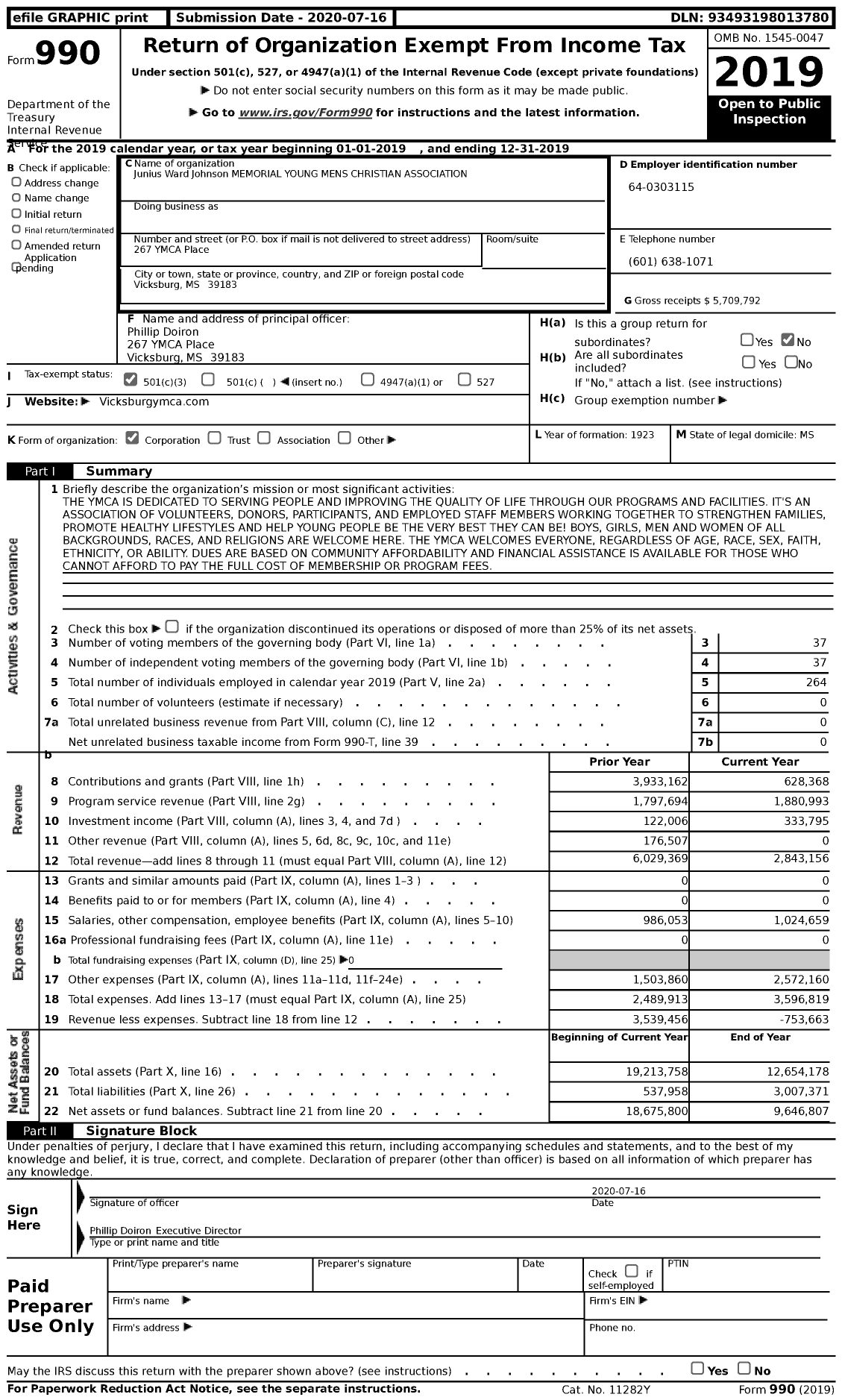 Image of first page of 2019 Form 990 for Junius Ward Johnson Memorial YMCA