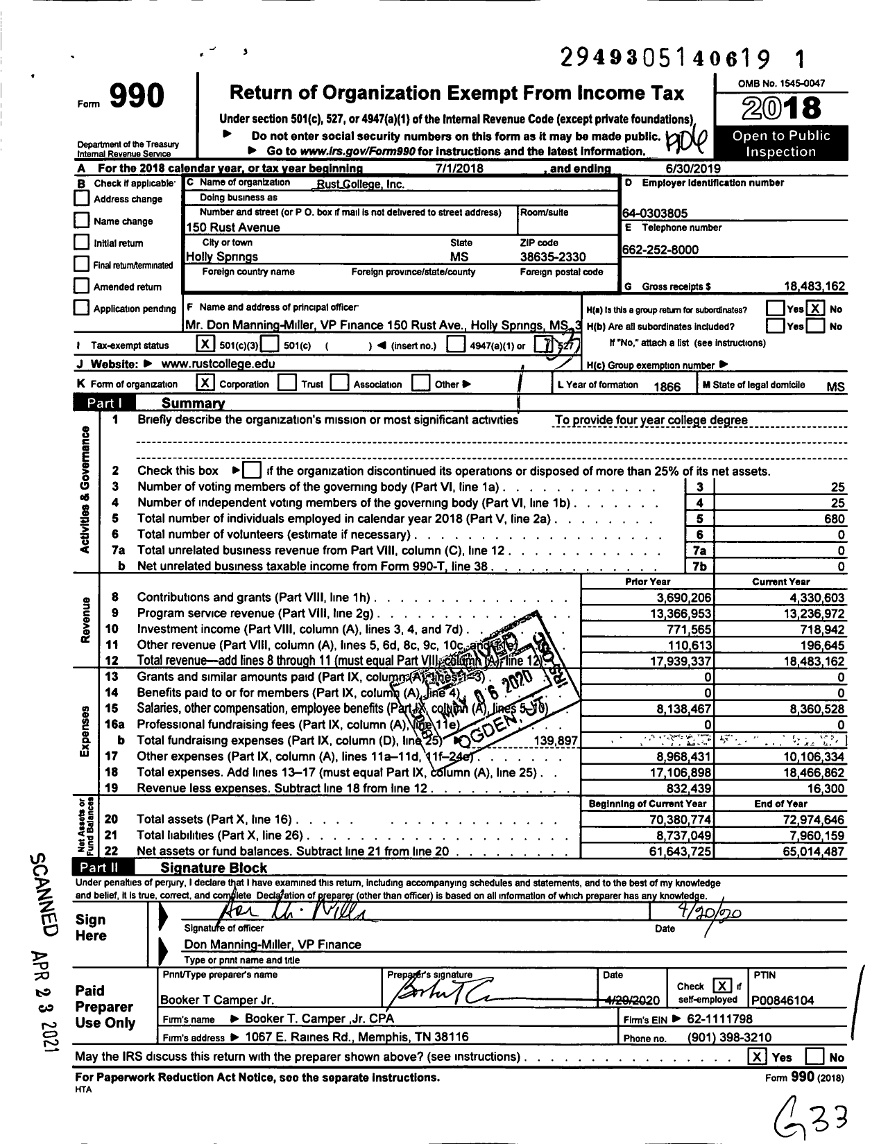 Image of first page of 2018 Form 990 for Rust College